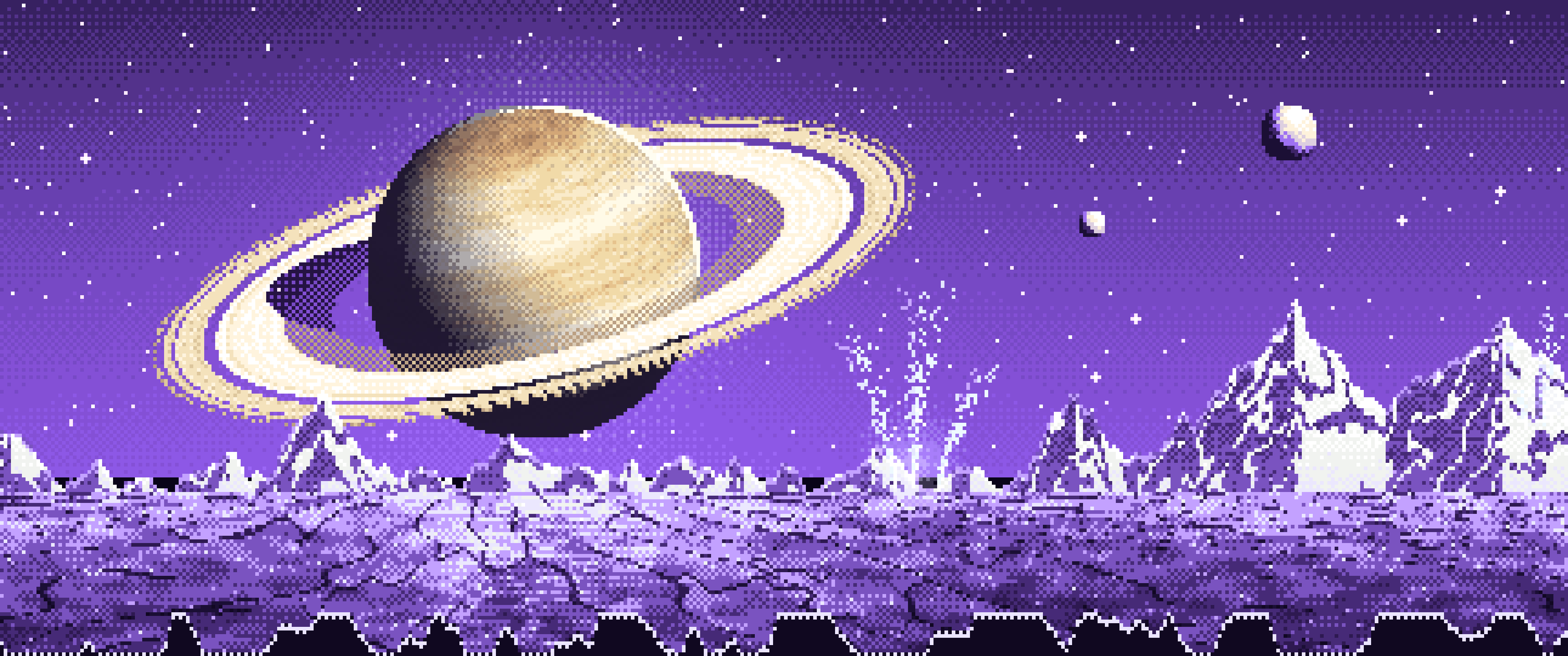 Purple Pixel Art Saturn Over an Icy World ultrawide wallpaper, 3440 × 1440