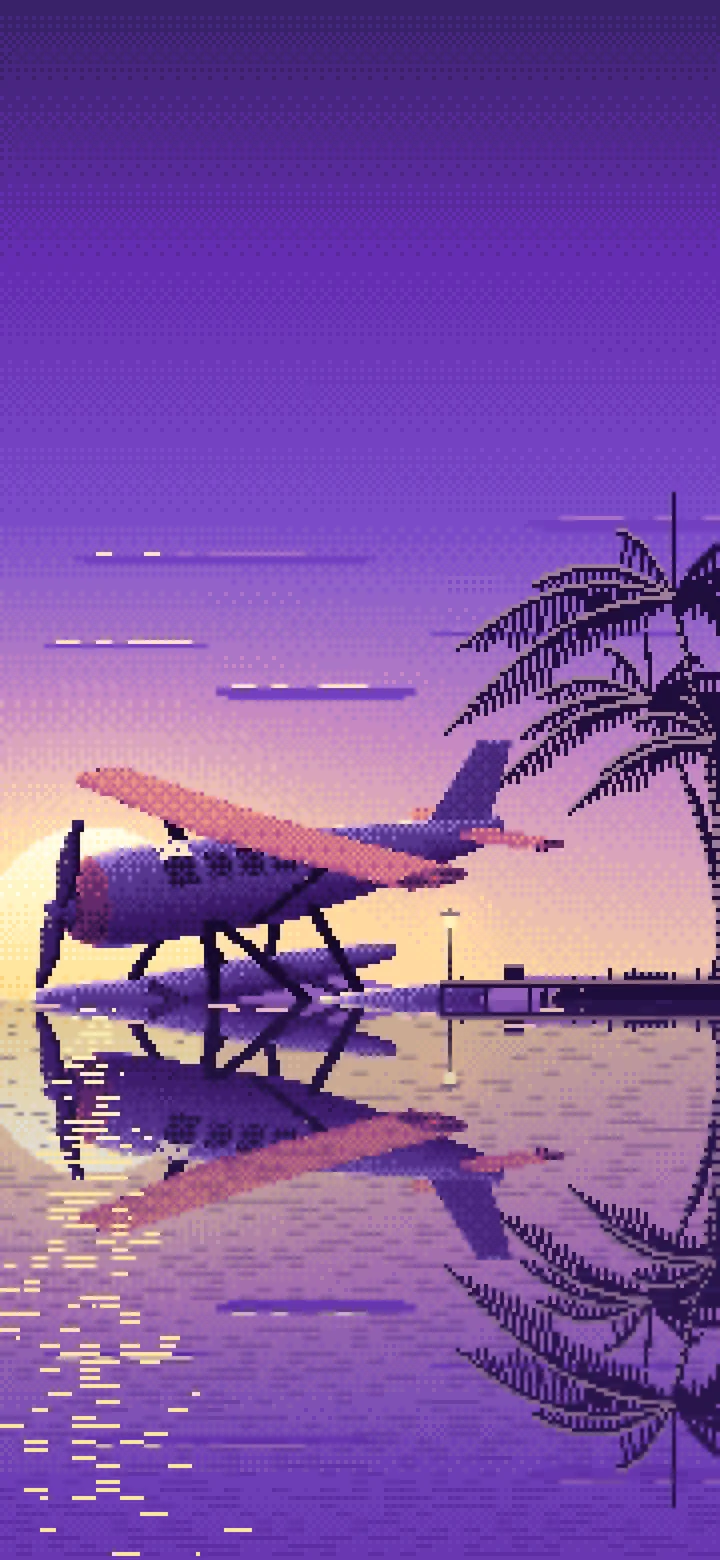 Purple Pixel Art Seaplane at a Tropical Dock wallpaper for iPhone and Android