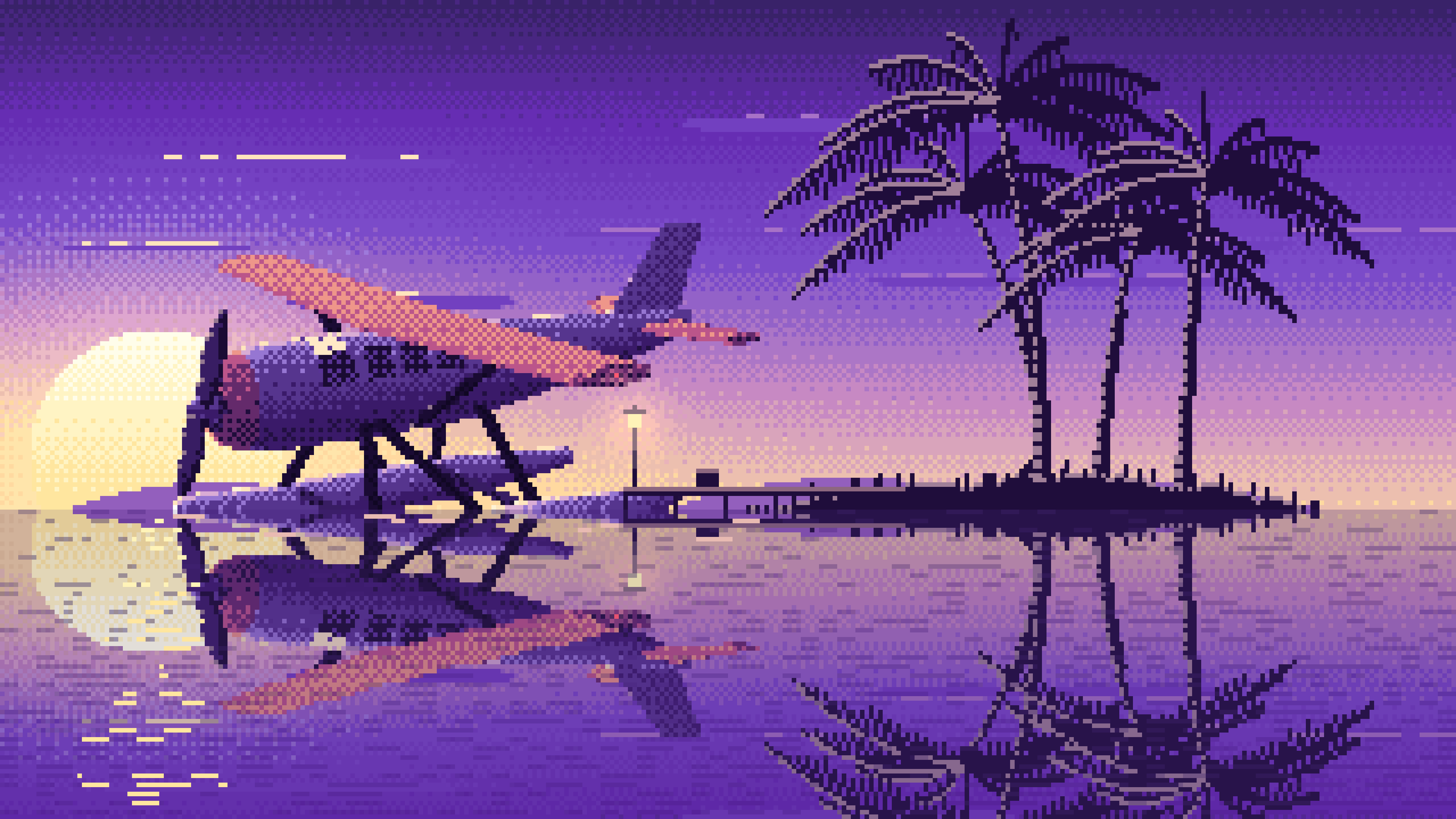 Purple Pixel Art Seaplane at a Tropical Dock desktop wallpaper in 4K