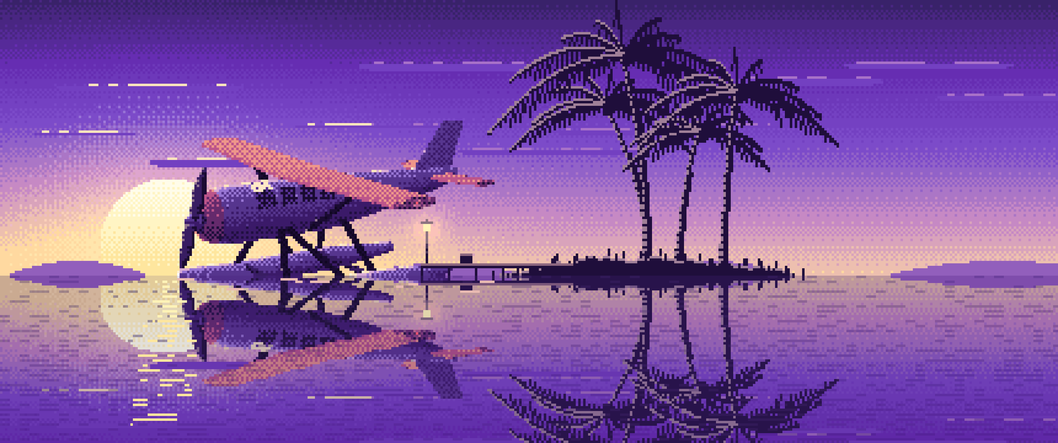 Purple Pixel Art Seaplane at a Tropical Dock ultrawide wallpaper, 3440 × 1440