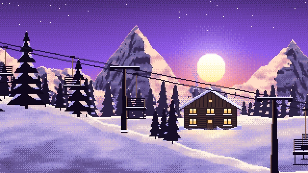 Purple Pixel Art Ski Lift at Sunset desktop wallpaper in 4K