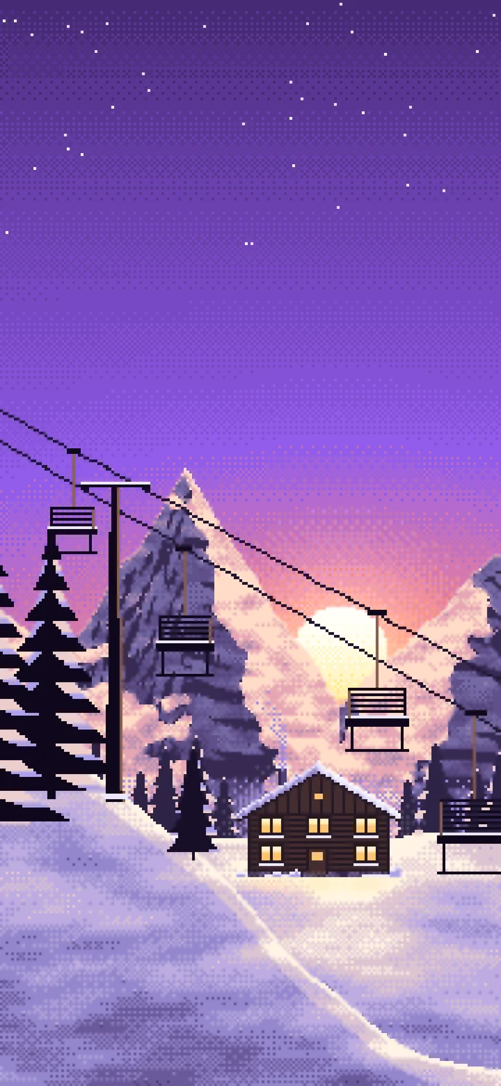 Purple Pixel Art Ski Lift at Sunset wallpaper for iPhone and Android