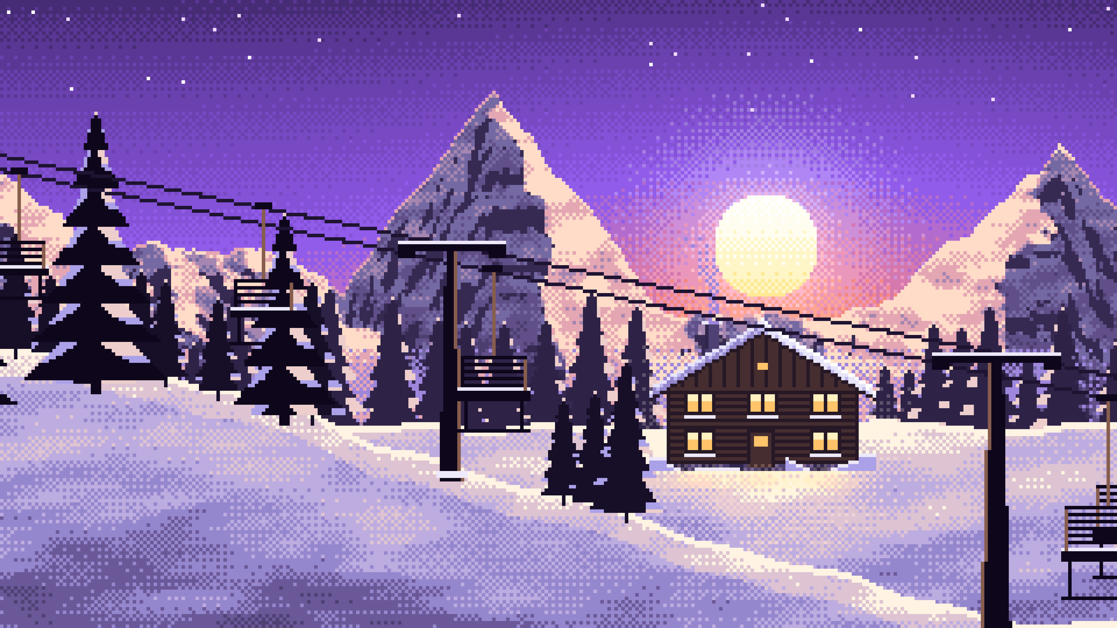 Purple Pixel Art Ski Lift at Sunset desktop wallpaper in 4K