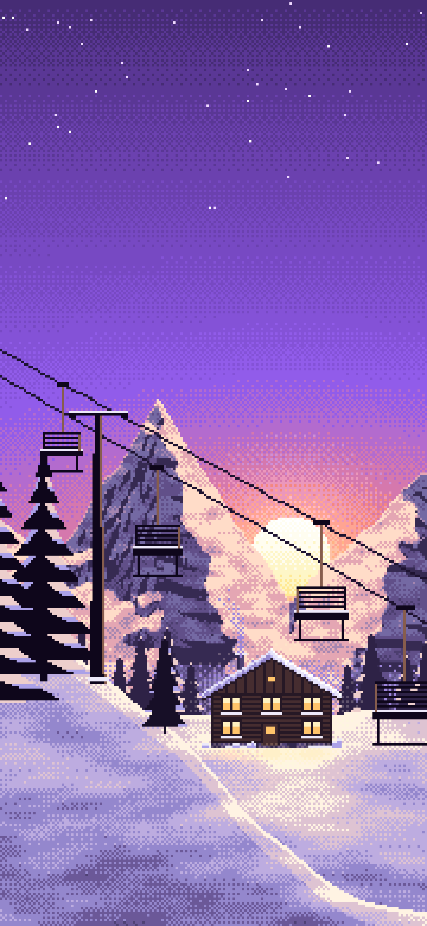 Purple Pixel Art Ski Lift at Sunset wallpaper for iPhone and Android