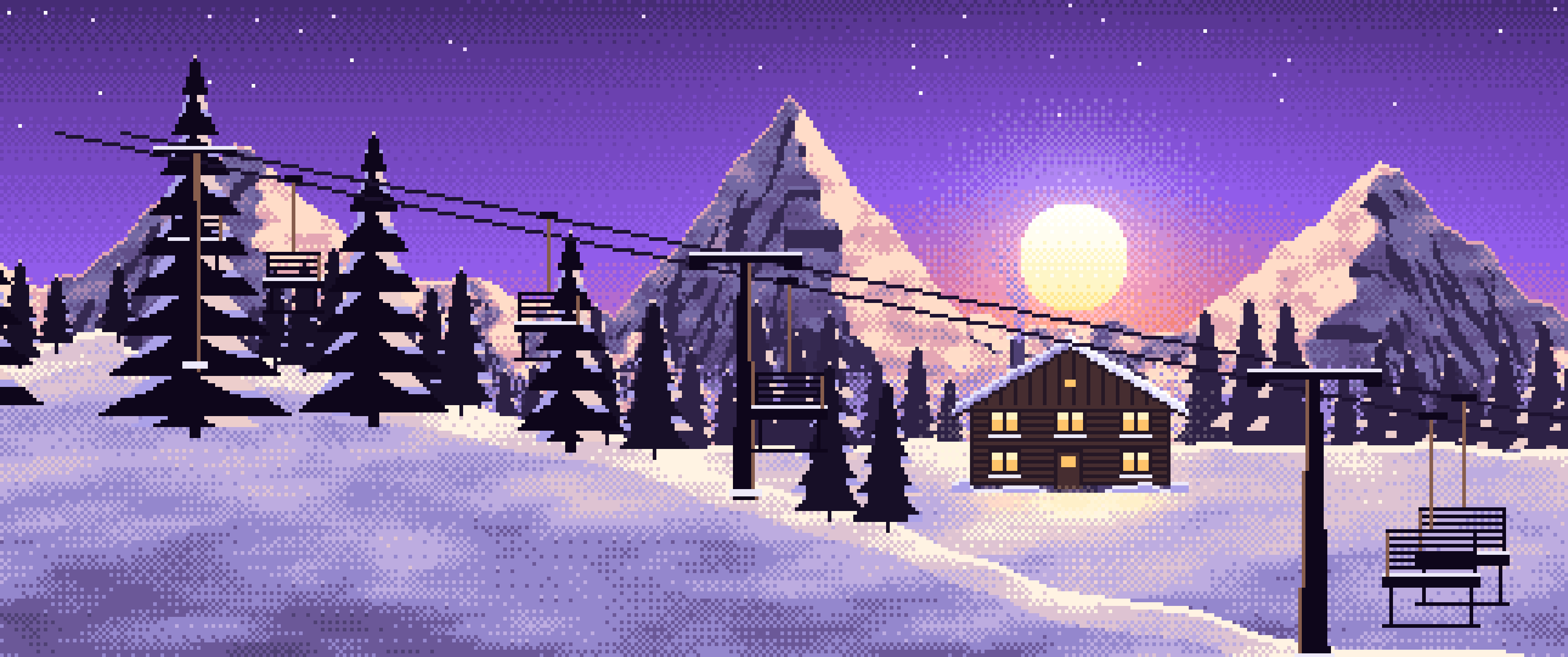 Purple Pixel Art Ski Lift at Sunset ultrawide wallpaper, 3440 × 1440