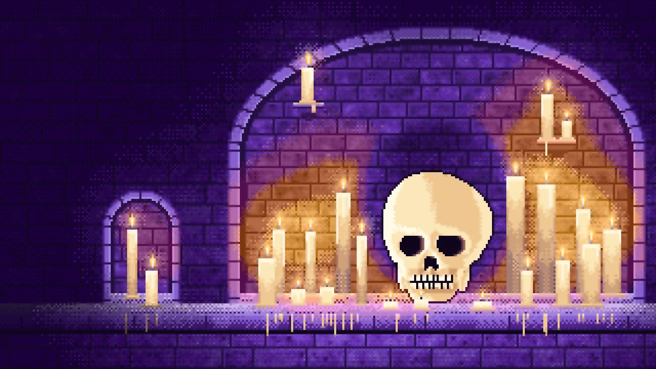 Purple Pixel Art Skull Among Candles in a Crypt desktop wallpaper in 4K