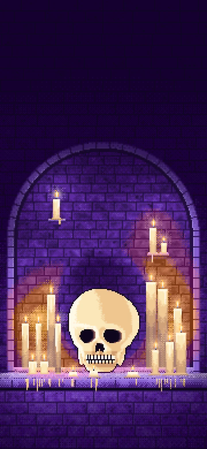 Purple Pixel Art Skull Among Candles in a Crypt wallpaper for iPhone and Android