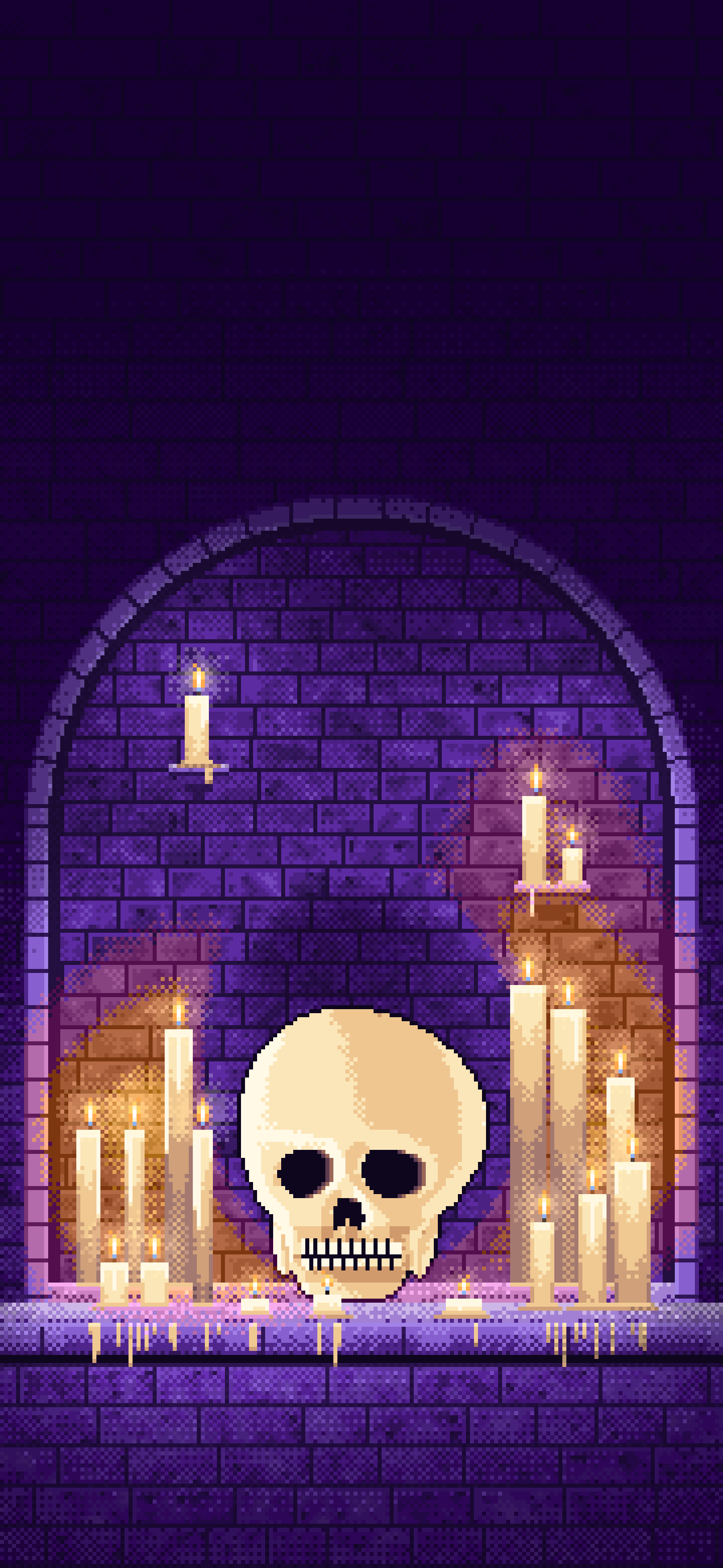 Purple Pixel Art Skull Among Candles in a Crypt wallpaper for iPhone and Android