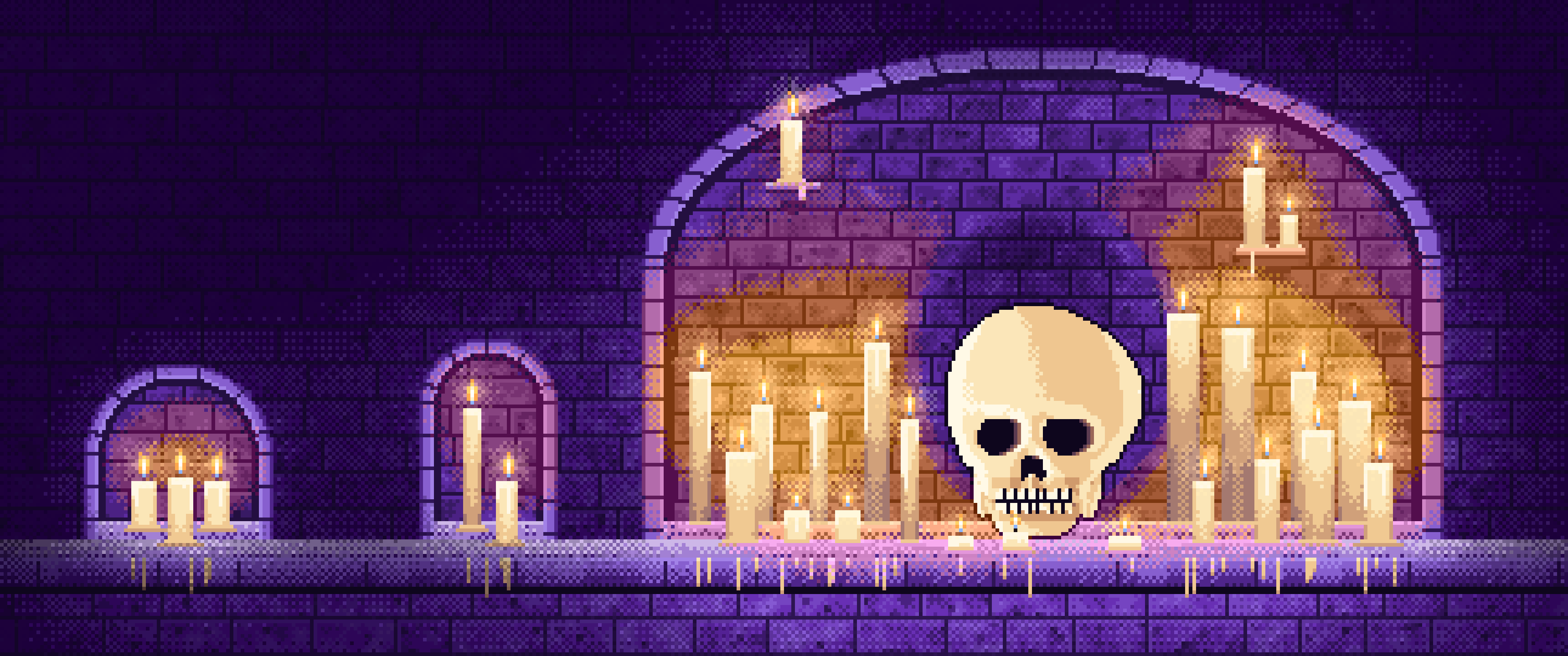 Purple Pixel Art Skull Among Candles in a Crypt ultrawide wallpaper, 3440 × 1440