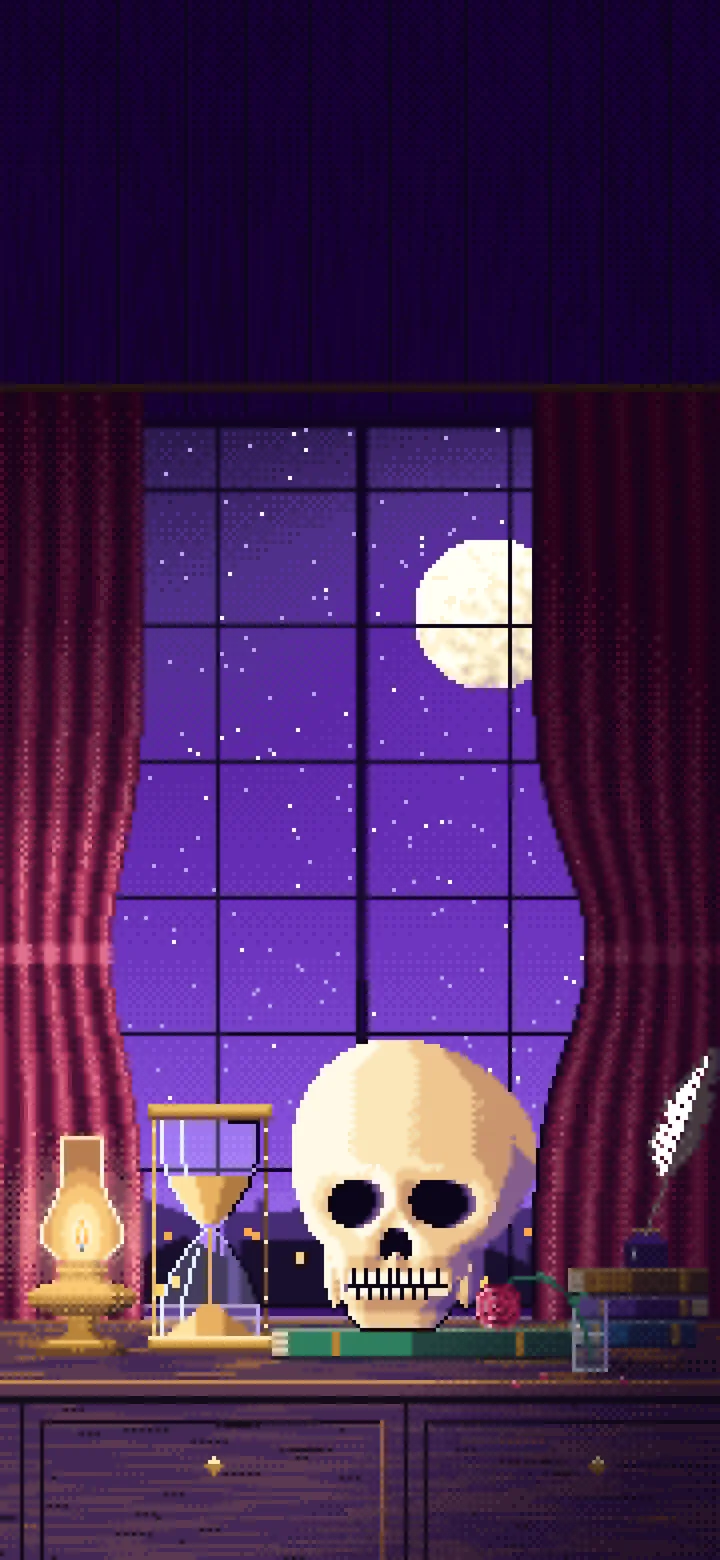 Purple Pixel Art Skull and Hourglass by Lamplight wallpaper for iPhone and Android