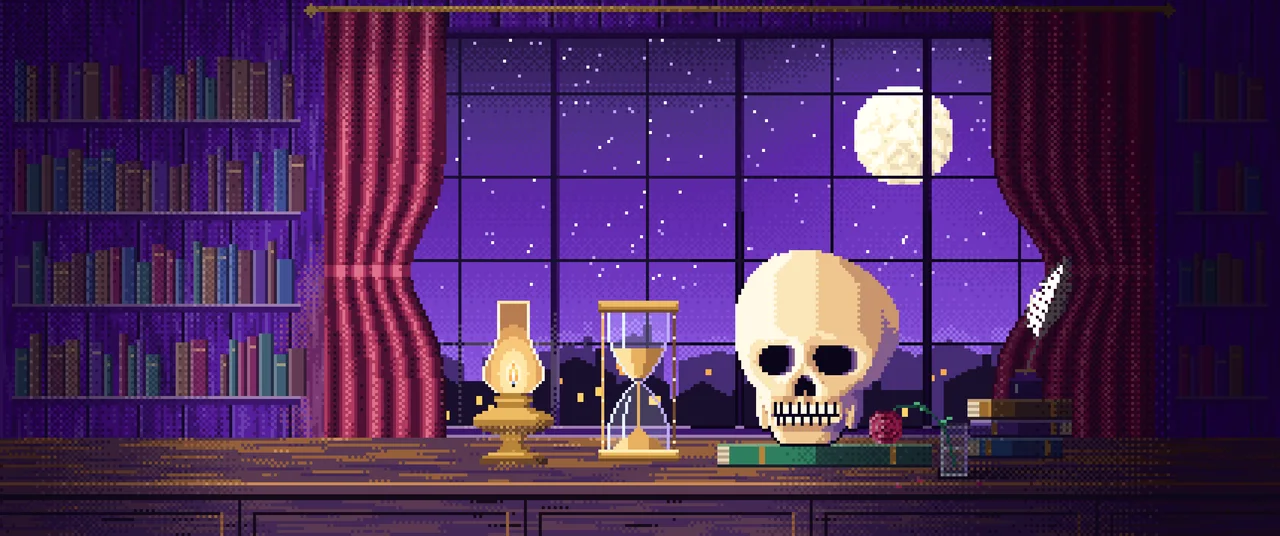 Purple Pixel Art Skull and Hourglass by Lamplight ultrawide wallpaper, 3440 × 1440