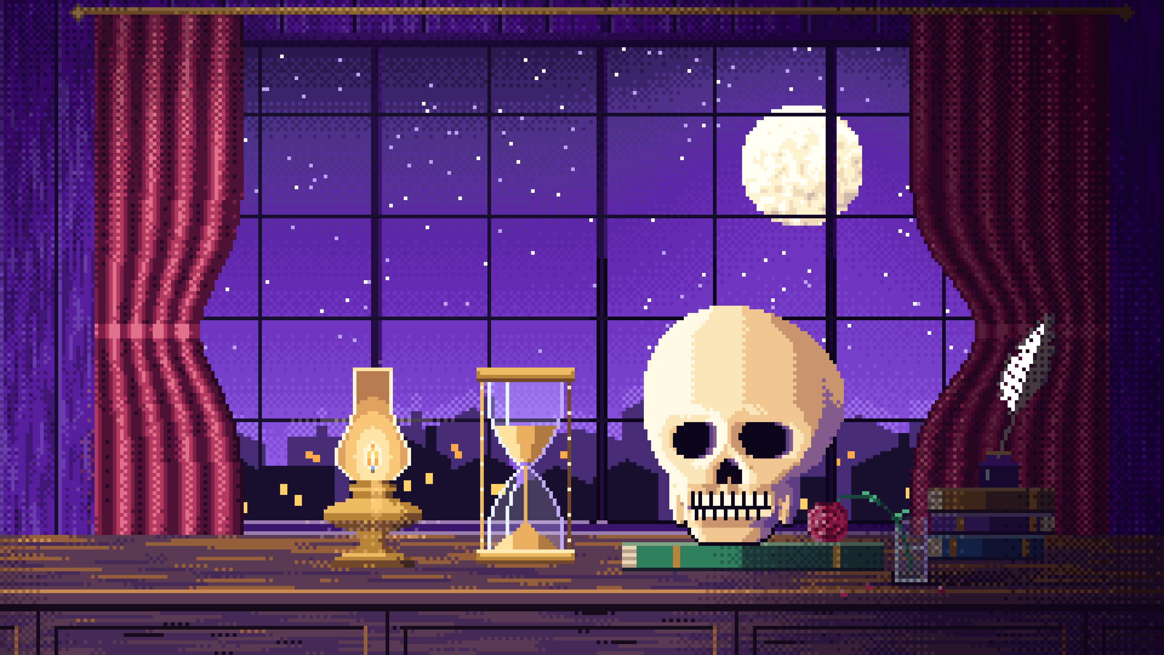 Purple Pixel Art Skull and Hourglass by Lamplight desktop wallpaper in 4K