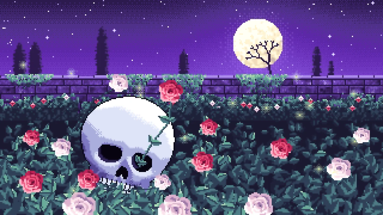 Purple Pixel Art Skull and Roses by Moonlight desktop wallpaper in 4K