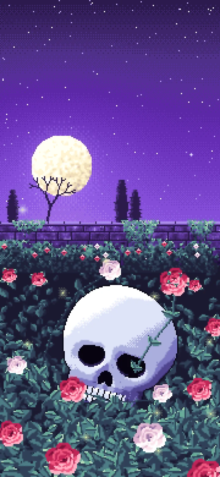 Purple Pixel Art Skull and Roses by Moonlight wallpaper for iPhone and Android