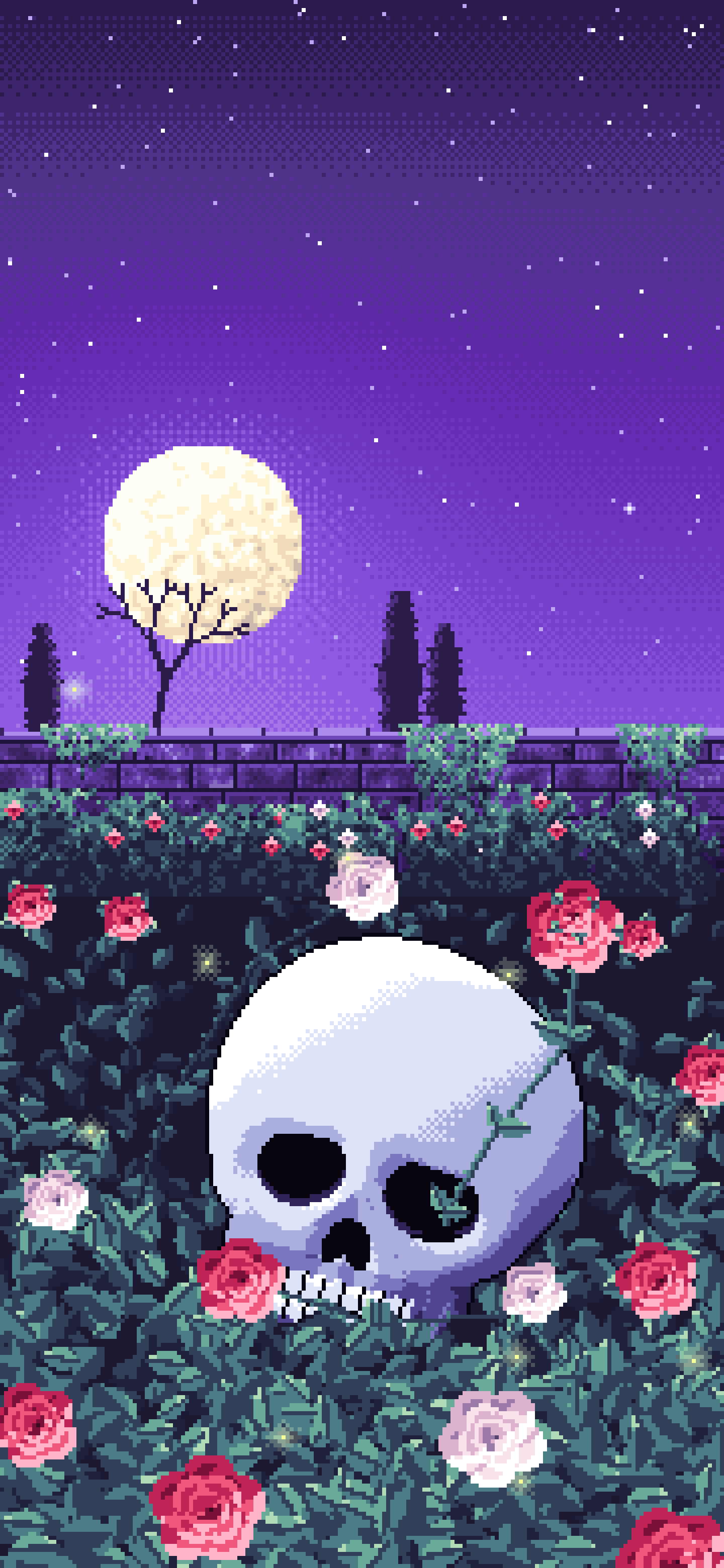 Purple Pixel Art Skull and Roses by Moonlight wallpaper for iPhone and Android