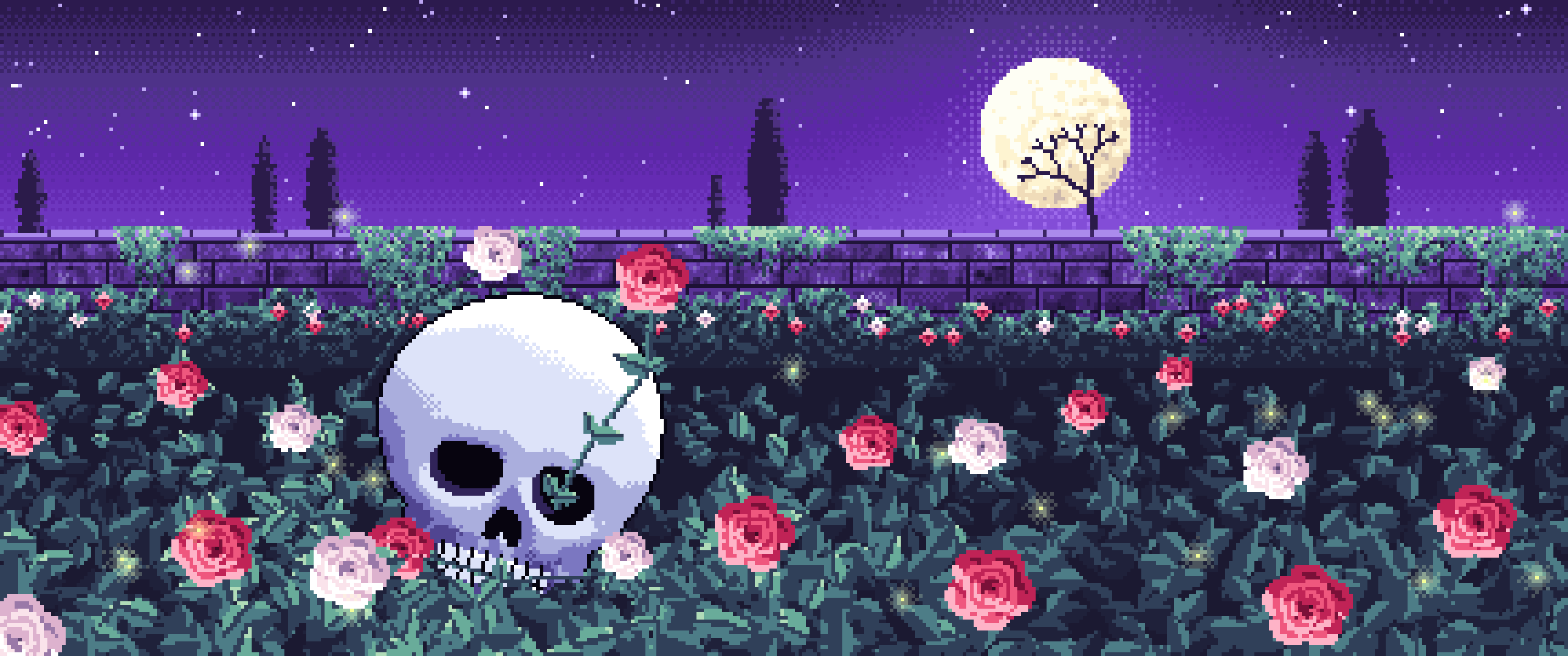 Purple Pixel Art Skull and Roses by Moonlight ultrawide wallpaper, 3440 × 1440