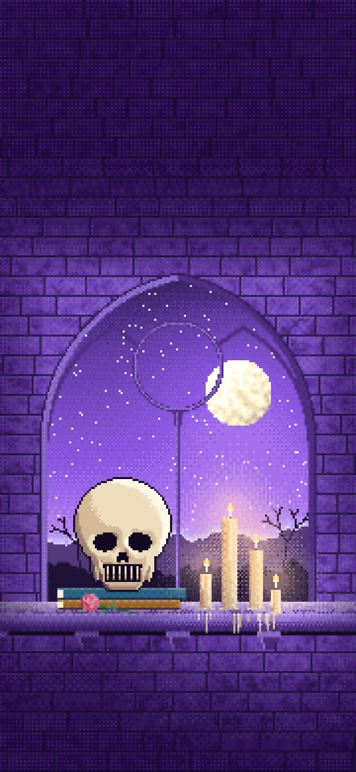 Purple Pixel Art Skull by Candlelight wallpaper for iPhone and Android