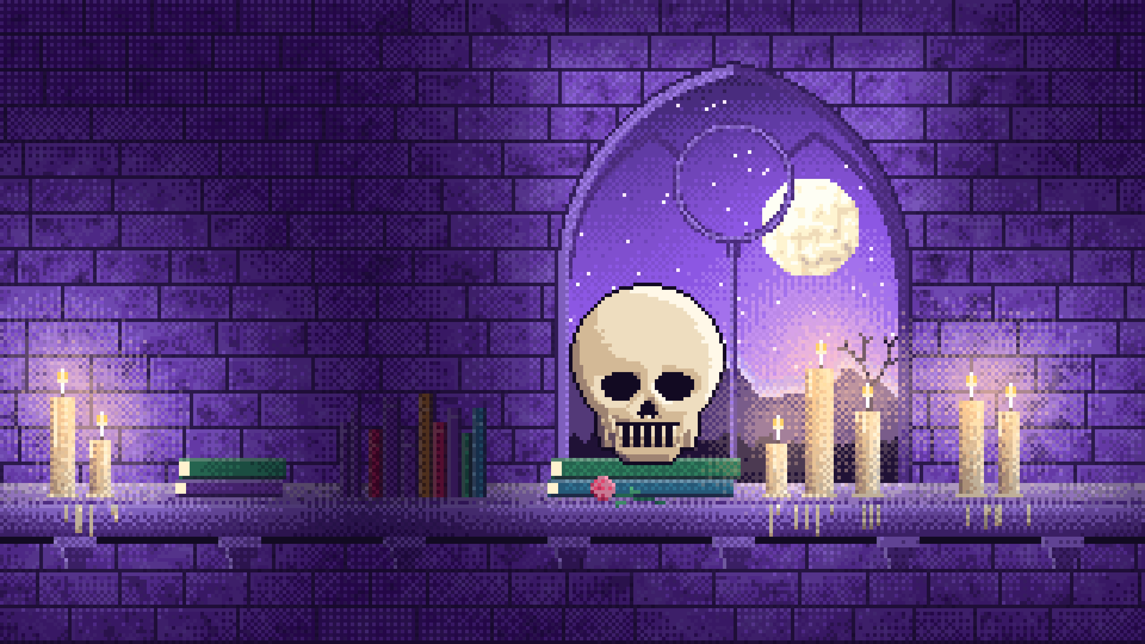 Purple Pixel Art Skull by Candlelight desktop wallpaper in 4K