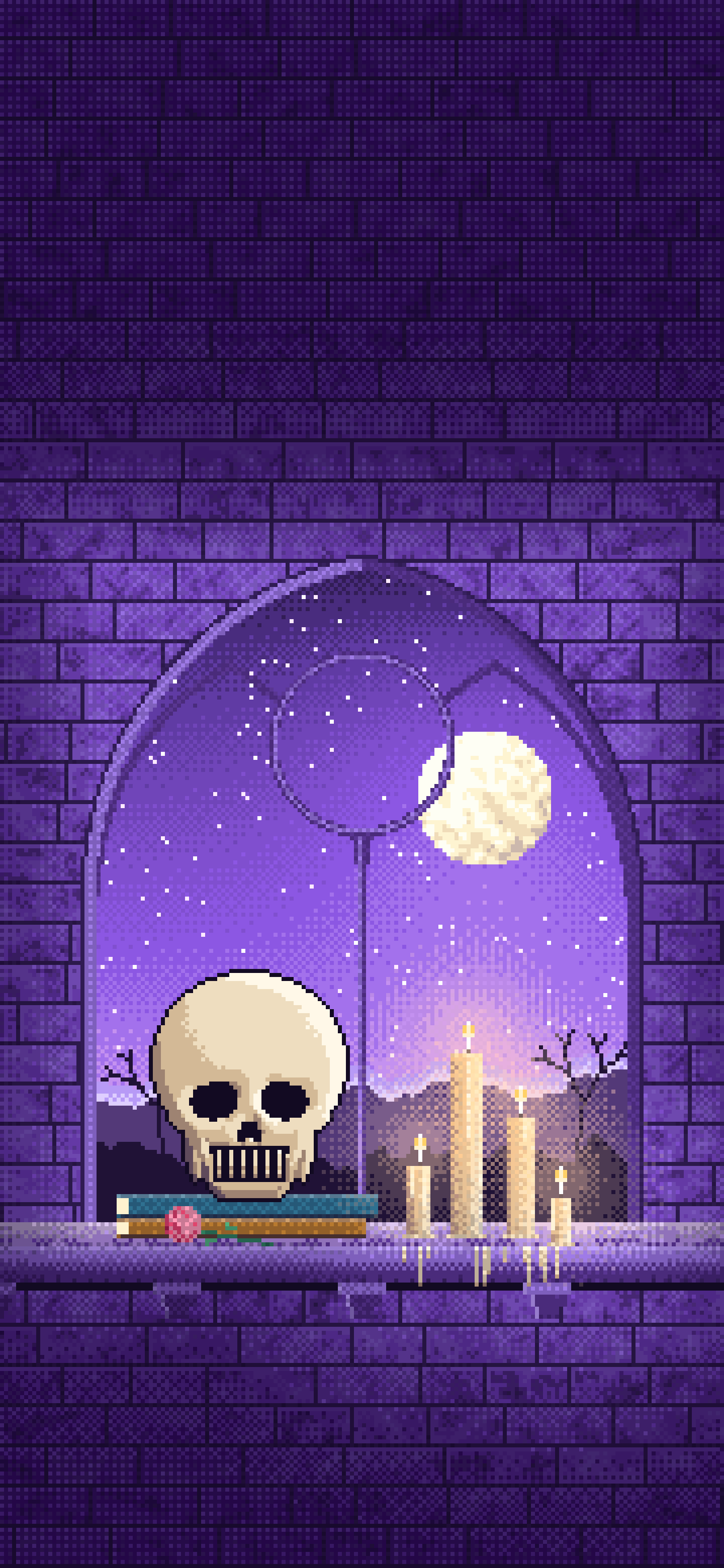 Purple Pixel Art Skull by Candlelight wallpaper for iPhone and Android