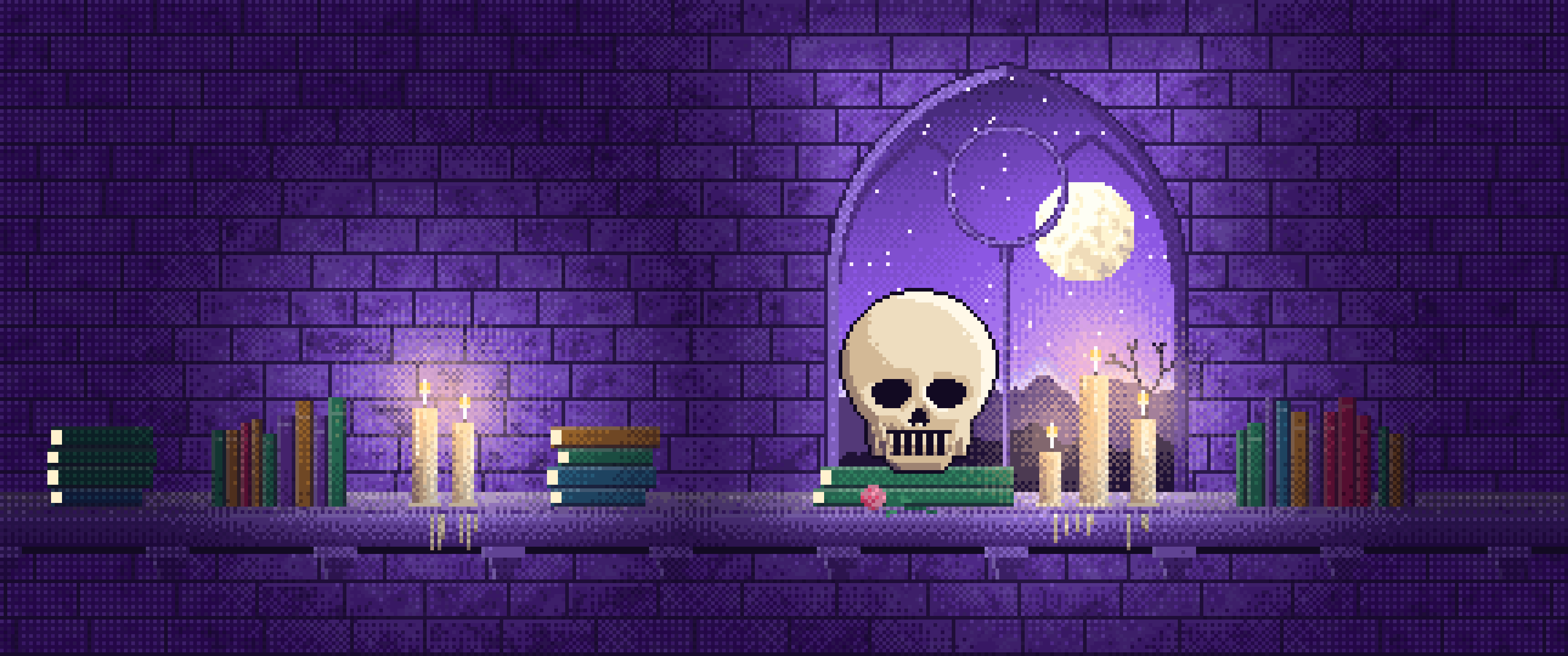 Purple Pixel Art Skull by Candlelight ultrawide wallpaper, 3440 × 1440