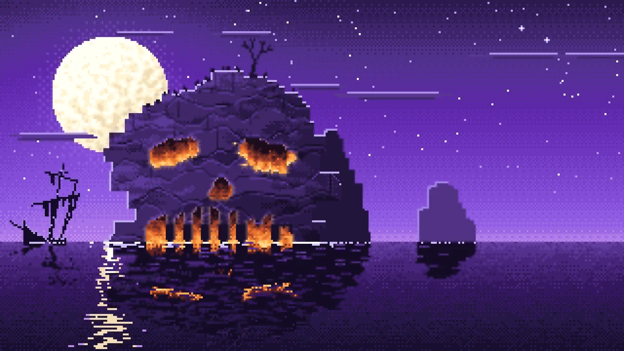 Purple Pixel Art Skull Rock at Night desktop wallpaper in 4K