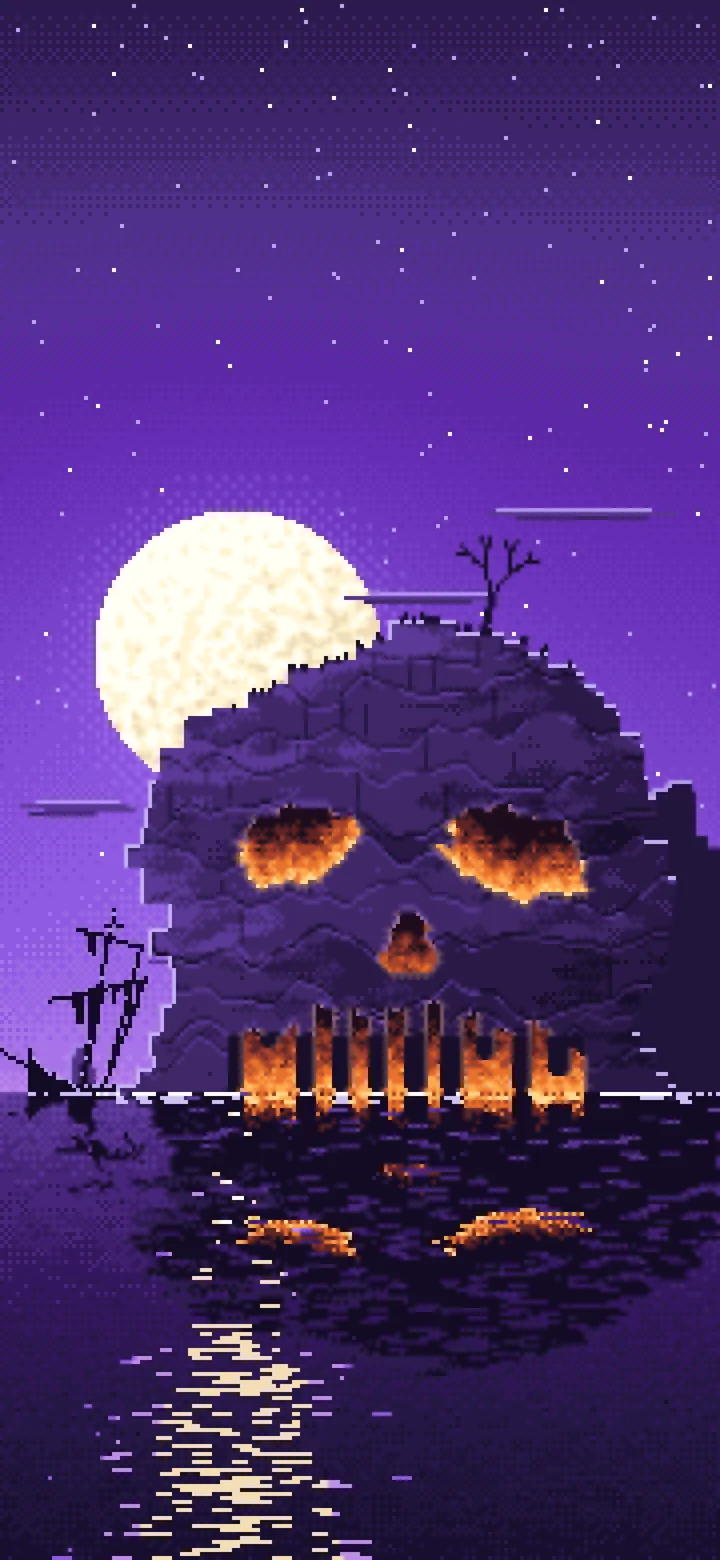 Purple Pixel Art Skull Rock at Night wallpaper for iPhone and Android
