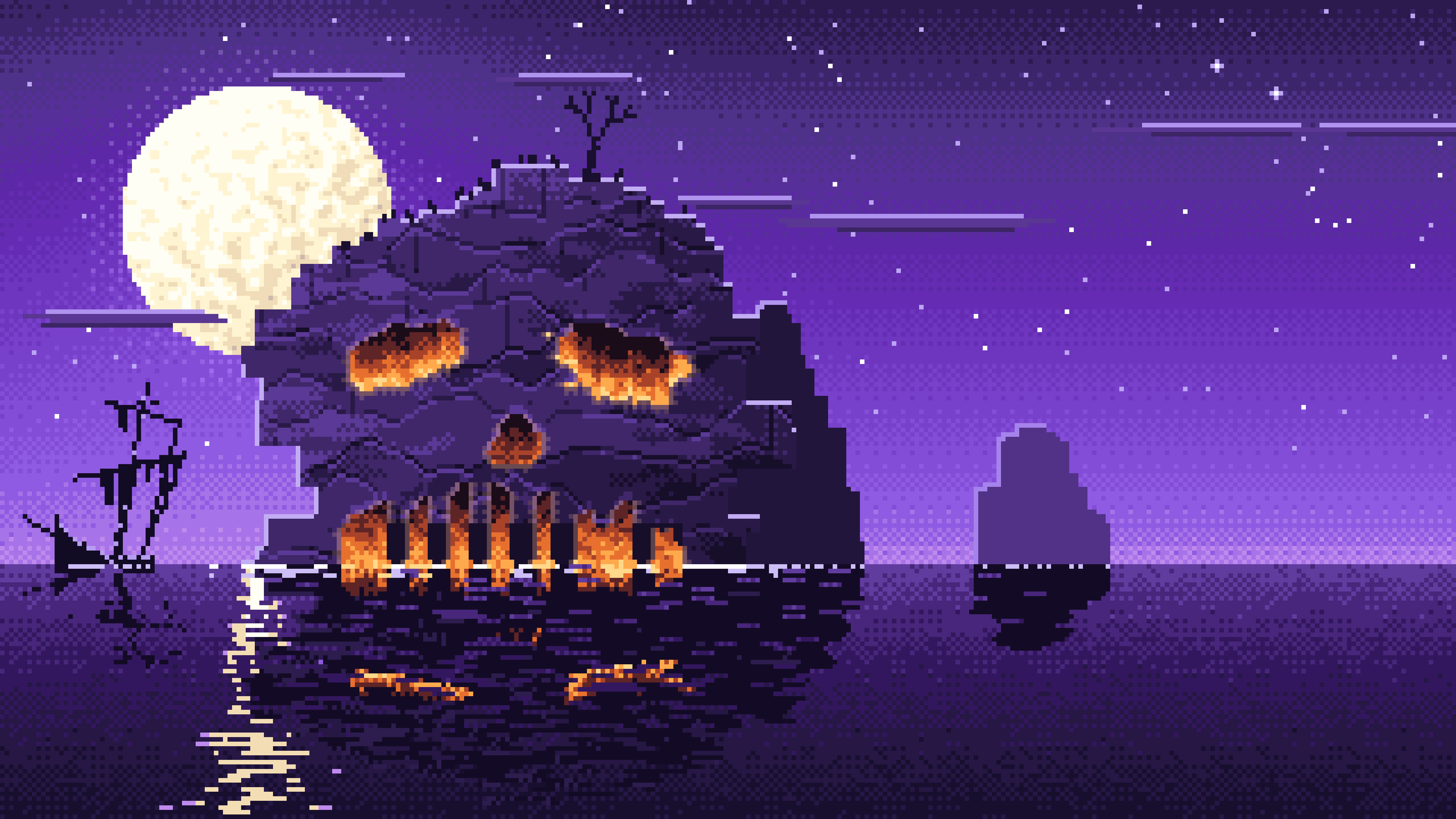 Purple Pixel Art Skull Rock at Night desktop wallpaper in 4K