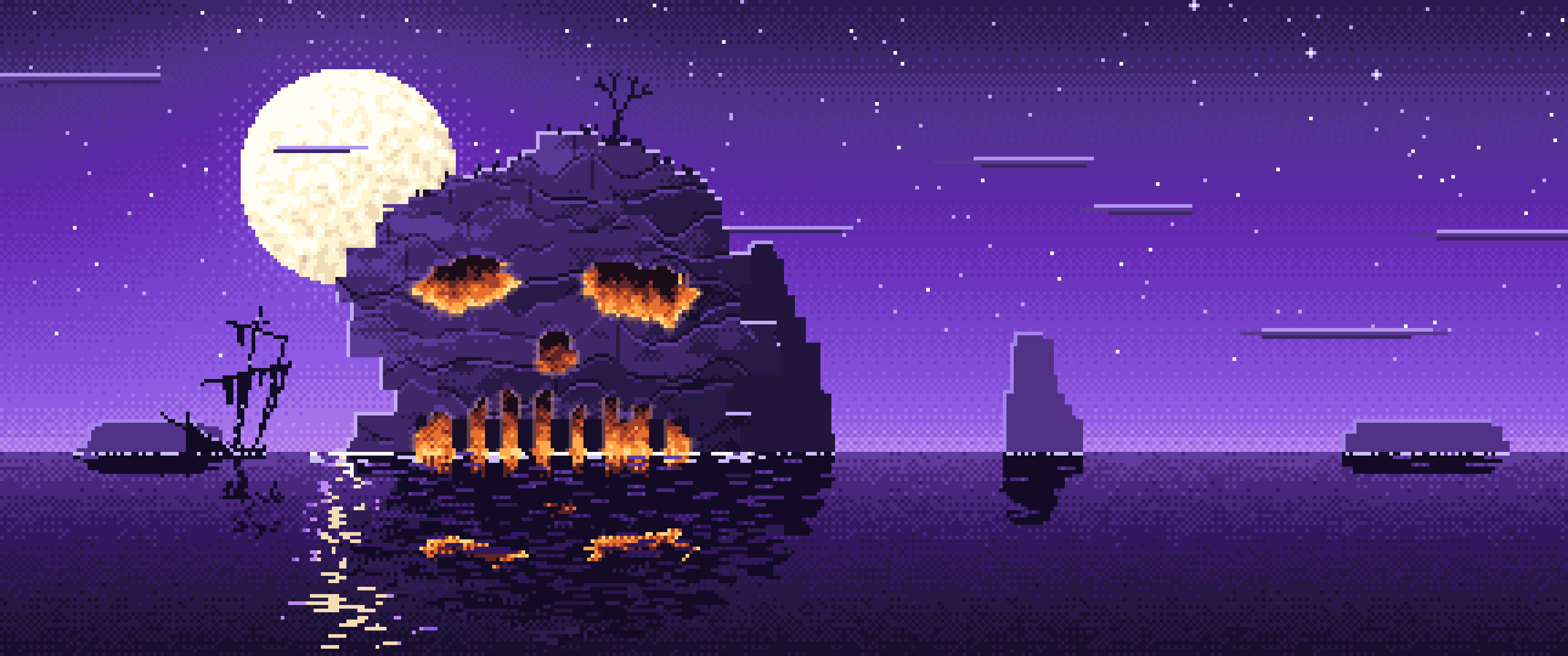 Purple Pixel Art Skull Rock at Night ultrawide wallpaper, 3440 × 1440