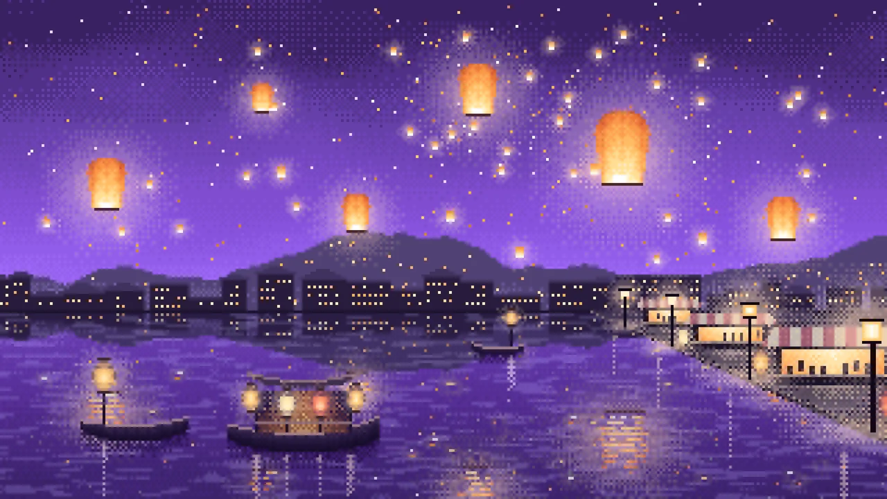 Purple Pixel Art Sky Lanterns Over a River desktop wallpaper in 4K