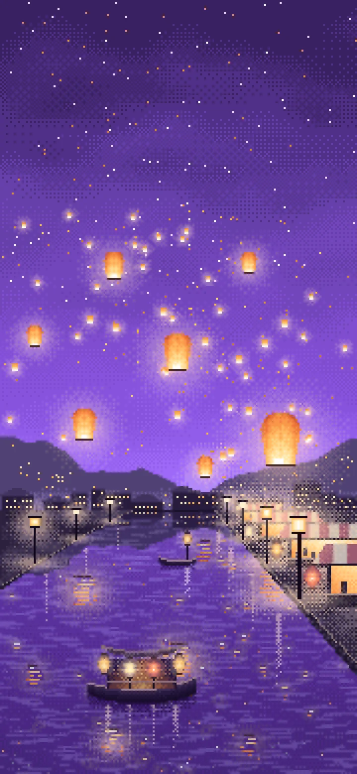 Purple Pixel Art Sky Lanterns Over a River wallpaper for iPhone and Android