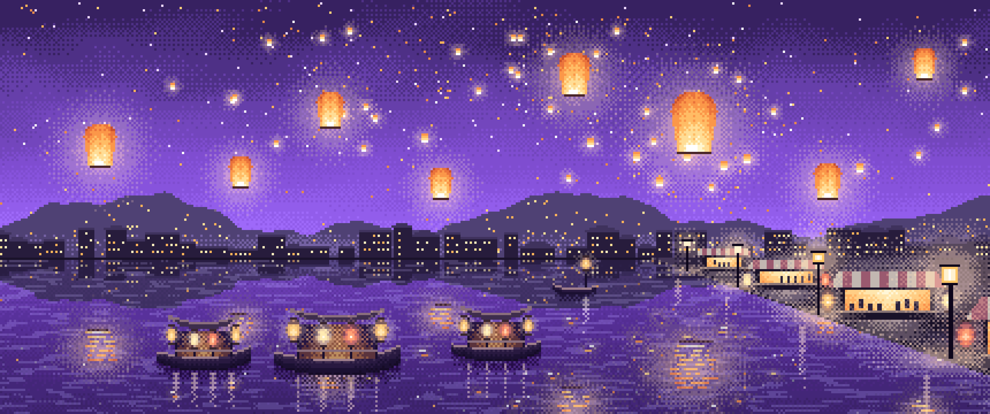 Purple Pixel Art Sky Lanterns Over a River ultrawide wallpaper, 3440 × 1440