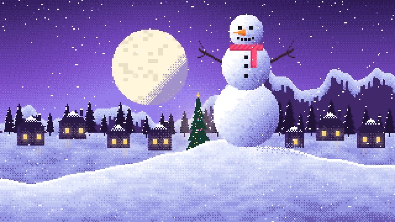 Purple Pixel Art Snowman desktop wallpaper in 4K