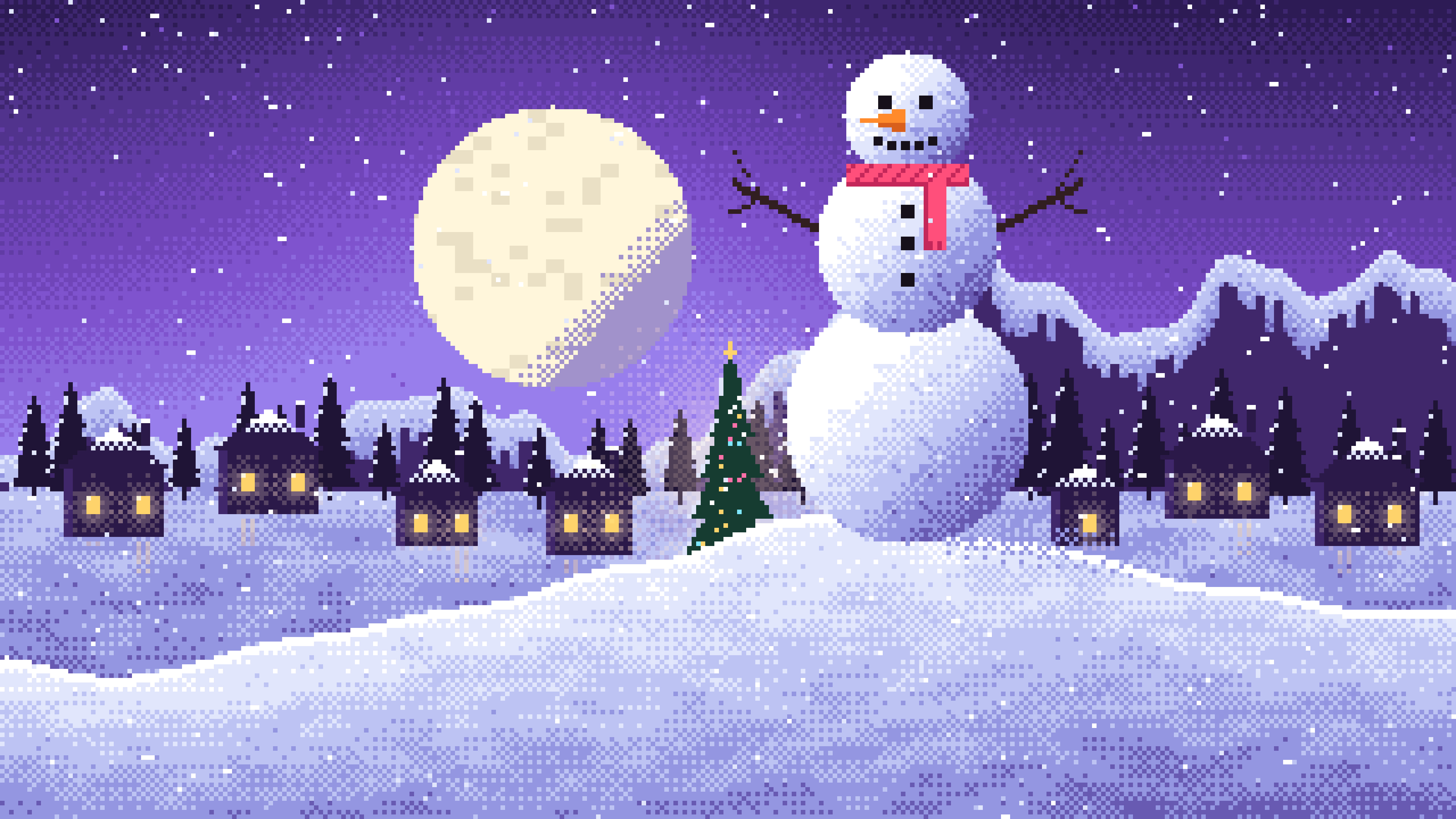 Purple Pixel Art Snowman desktop wallpaper in 4K