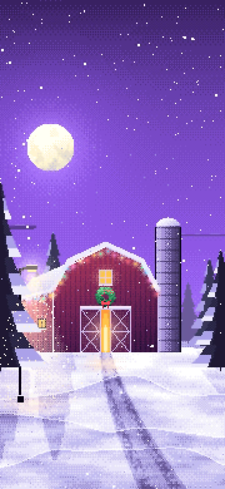Purple Pixel Art Snowy Barn with Christmas Lights wallpaper for iPhone and Android