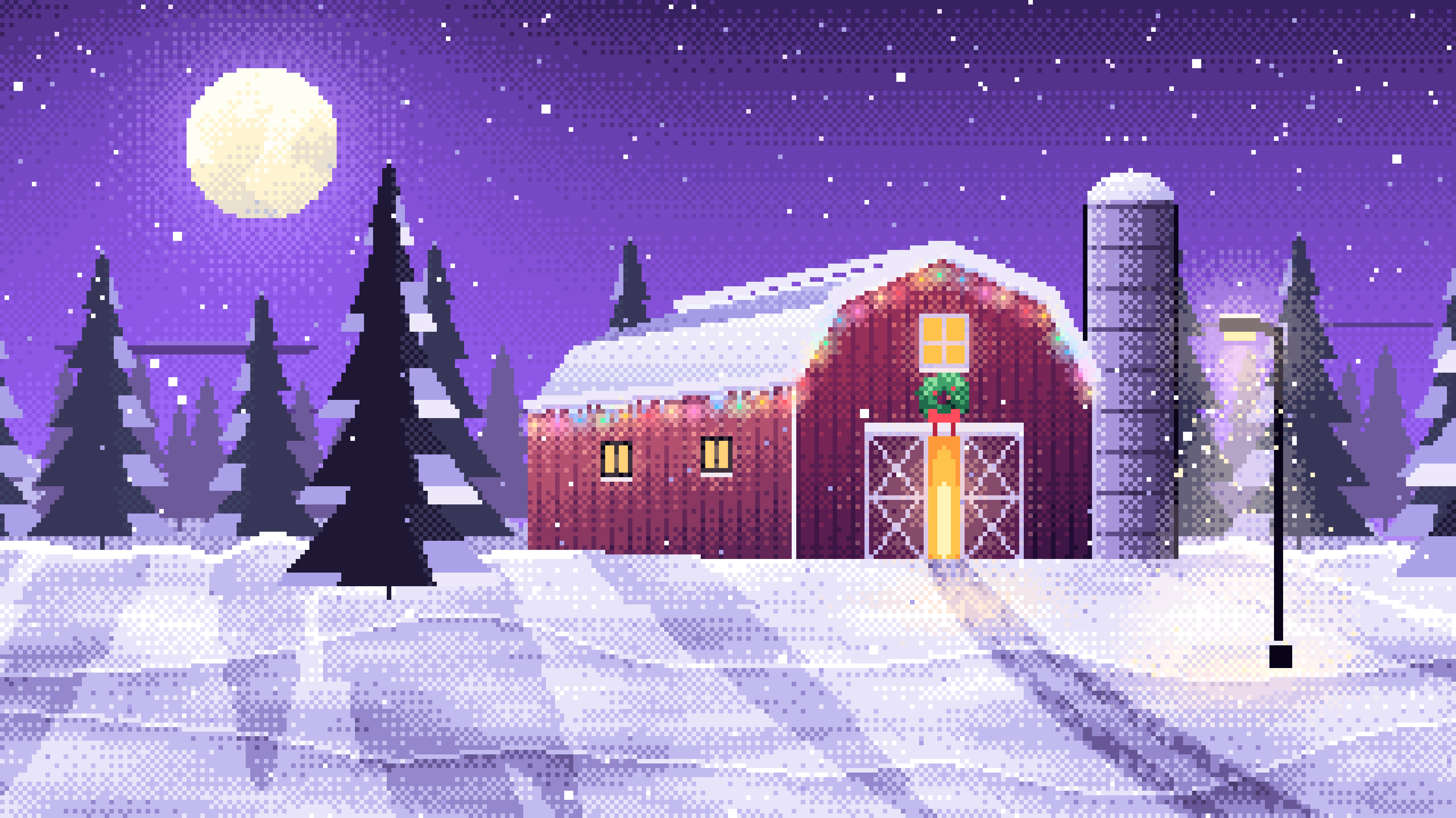 Purple Pixel Art Snowy Barn with Christmas Lights desktop wallpaper in 4K