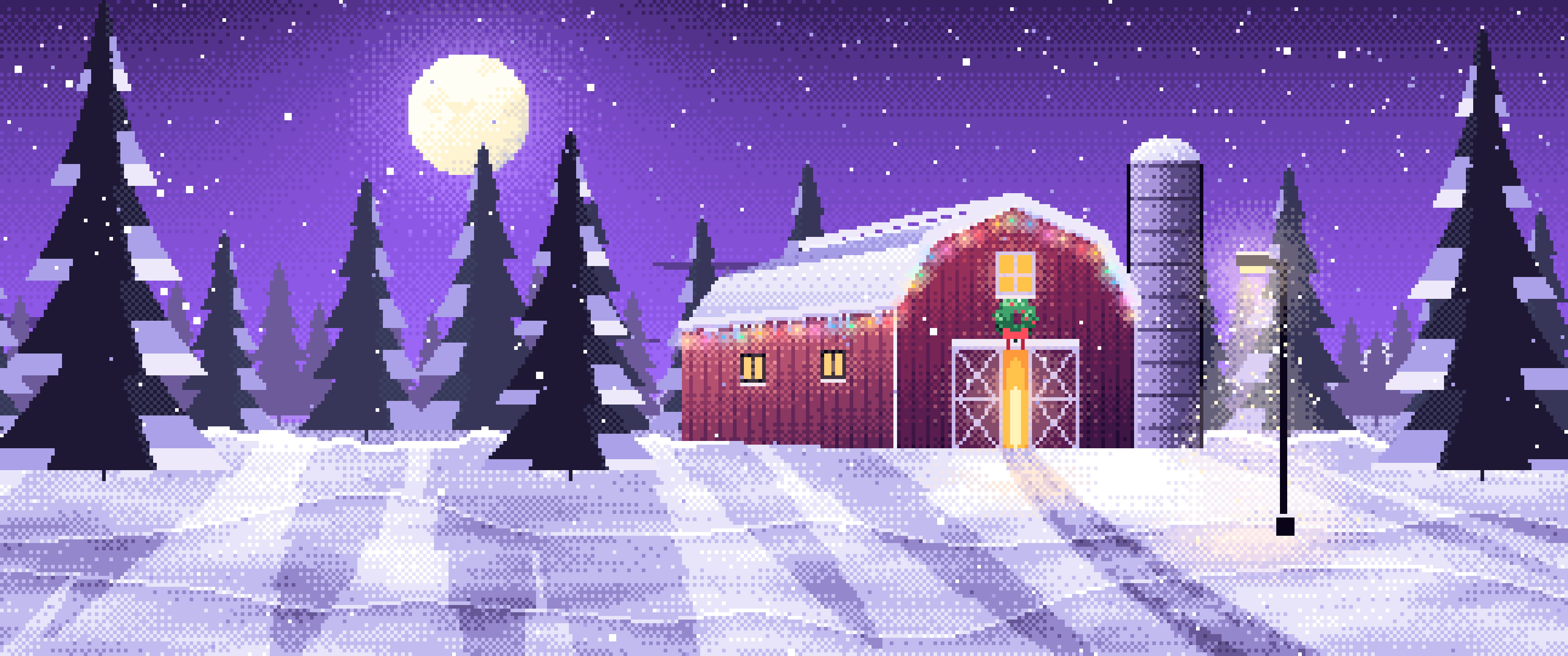 Purple Pixel Art Snowy Barn with Christmas Lights ultrawide wallpaper, 3440 × 1440