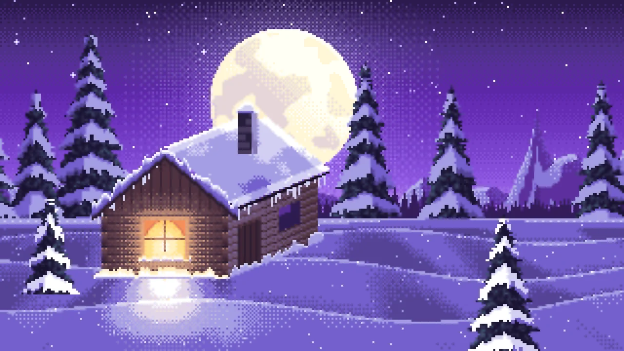 Purple Pixel Art Snowy Cabin and Full Moon desktop wallpaper in 4K