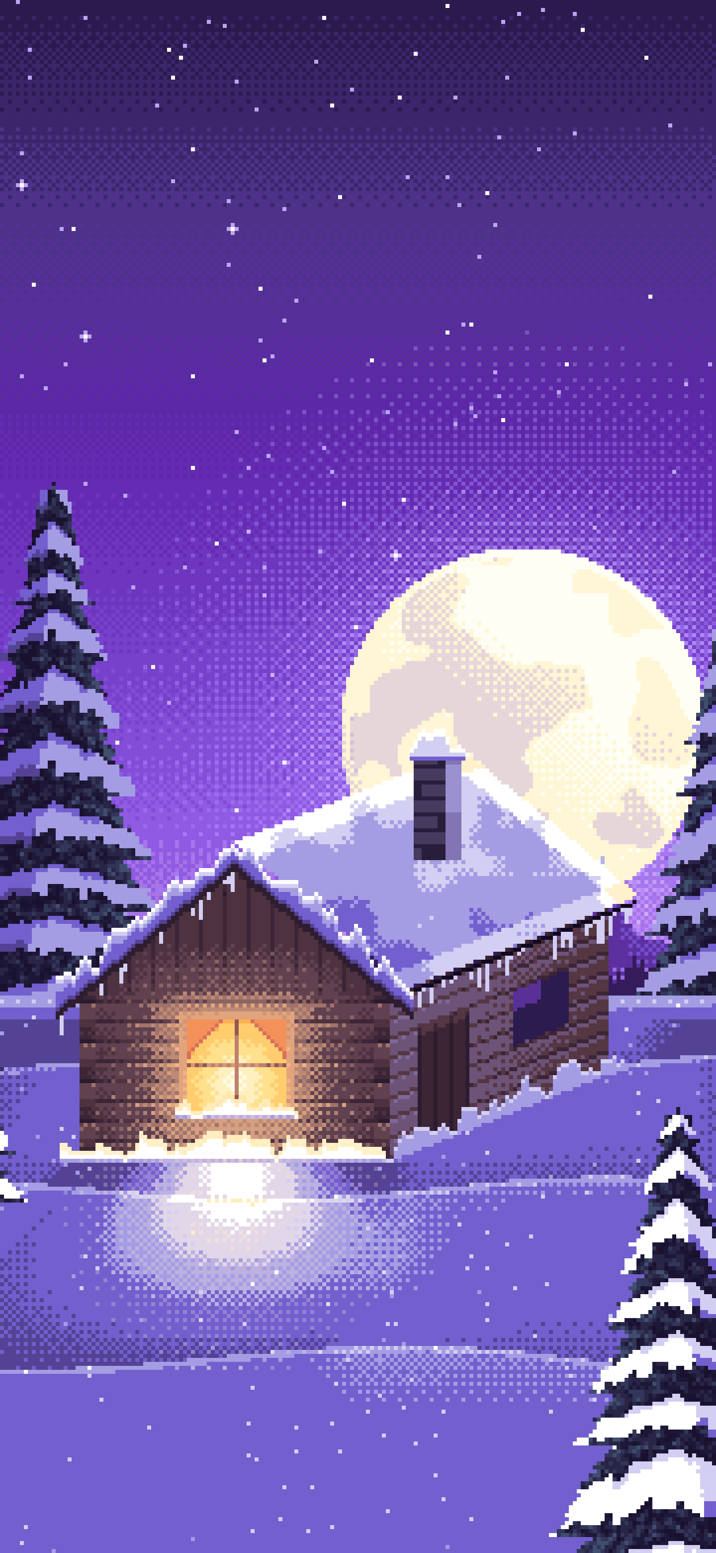 Purple Pixel Art Snowy Cabin and Full Moon wallpaper for iPhone and Android