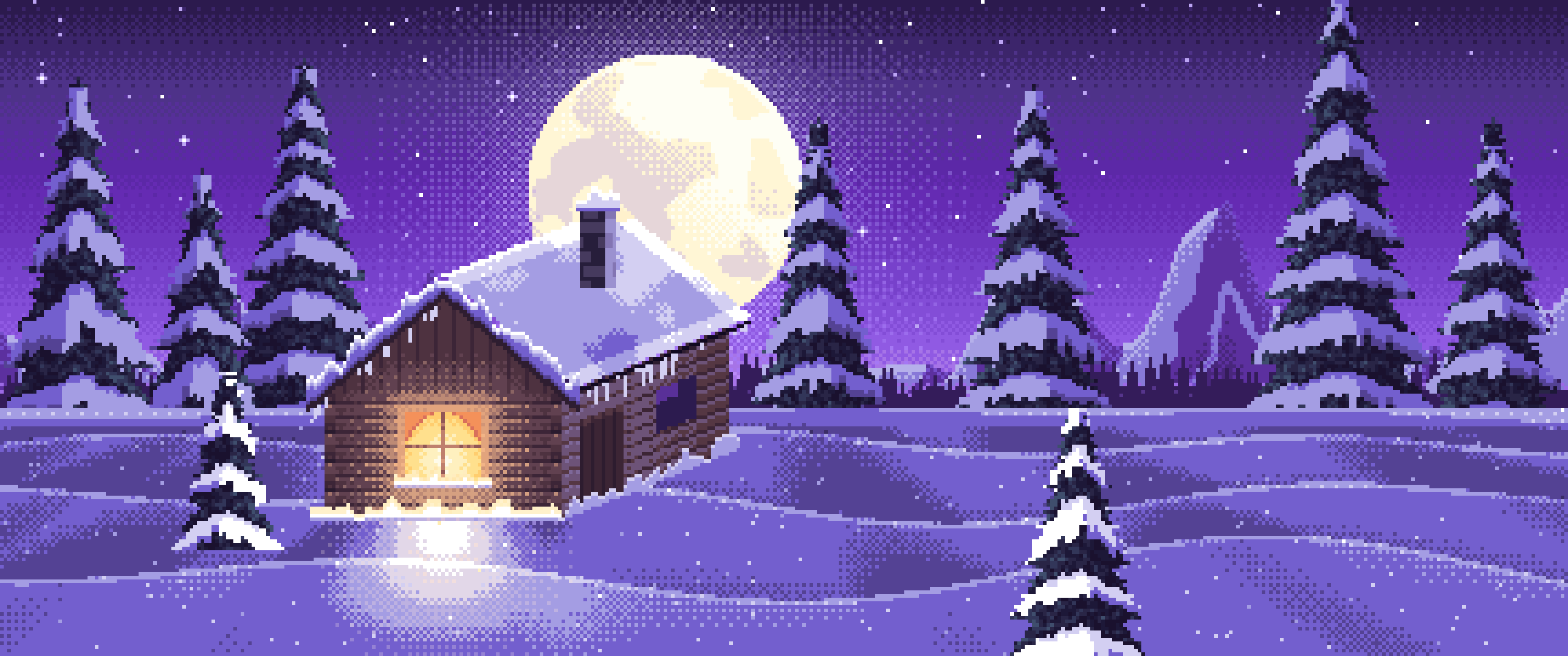 Purple Pixel Art Snowy Cabin and Full Moon ultrawide wallpaper, 3440 × 1440
