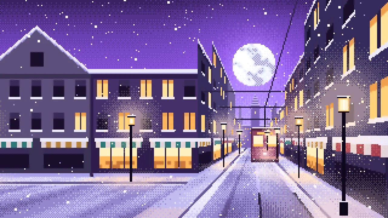 Purple Pixel Art Snowy City Street desktop wallpaper in 4K