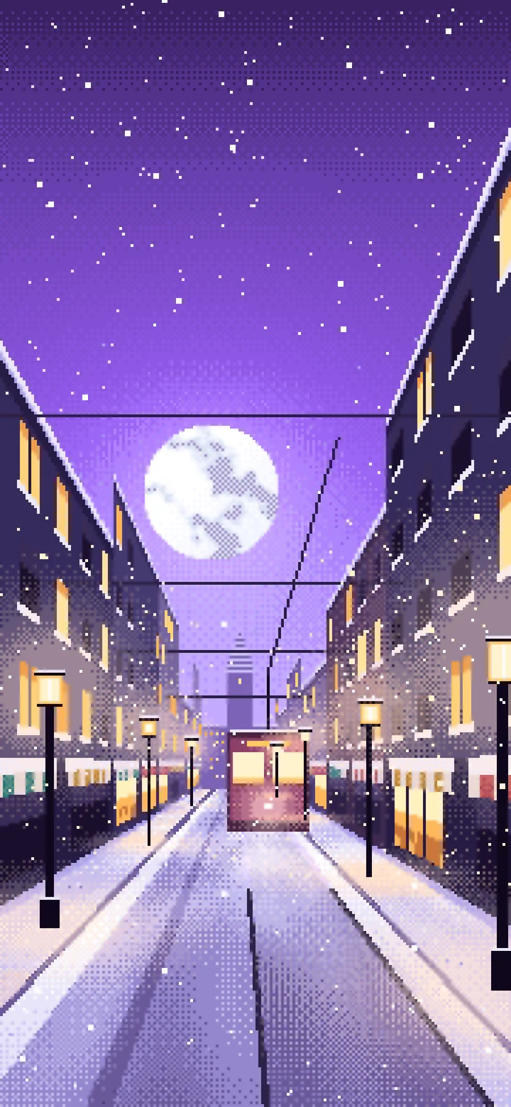 Purple Pixel Art Snowy City Street wallpaper for iPhone and Android