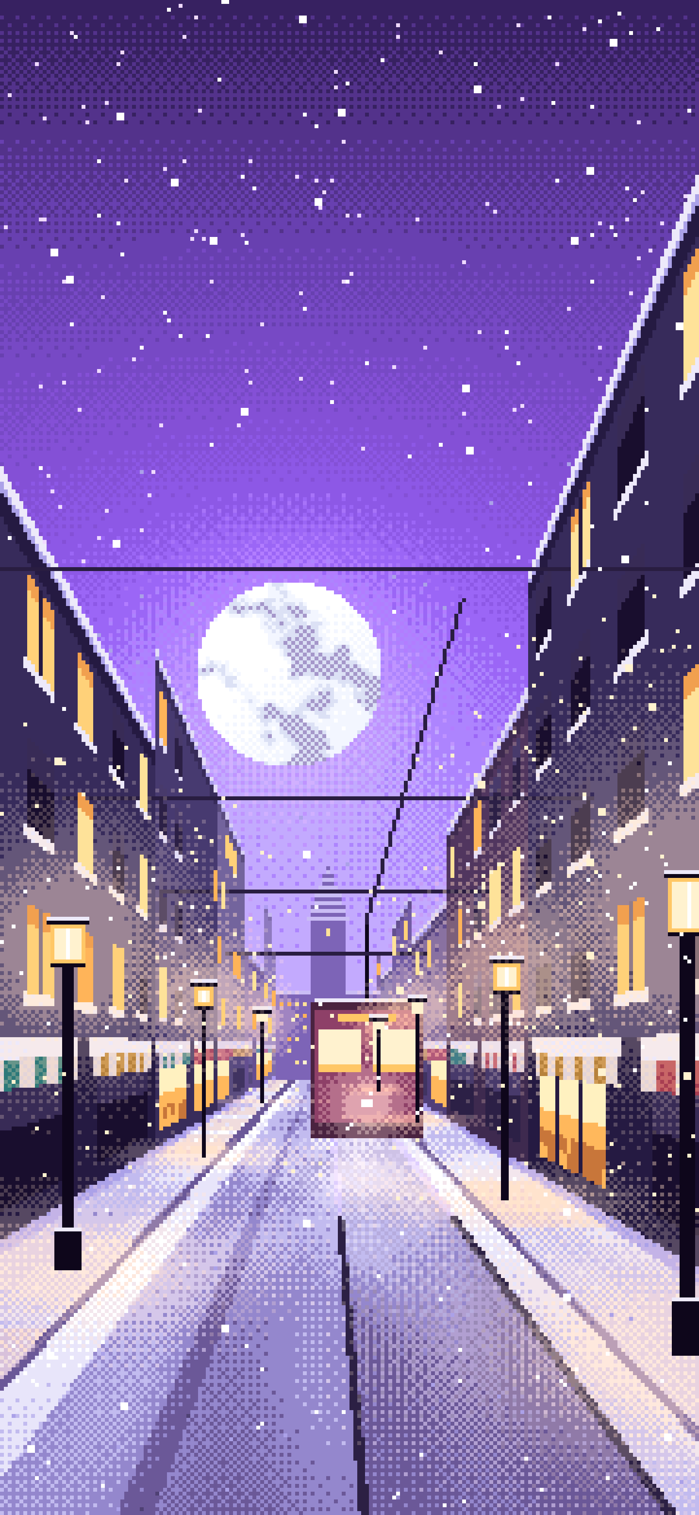 Purple Pixel Art Snowy City Street wallpaper for iPhone and Android