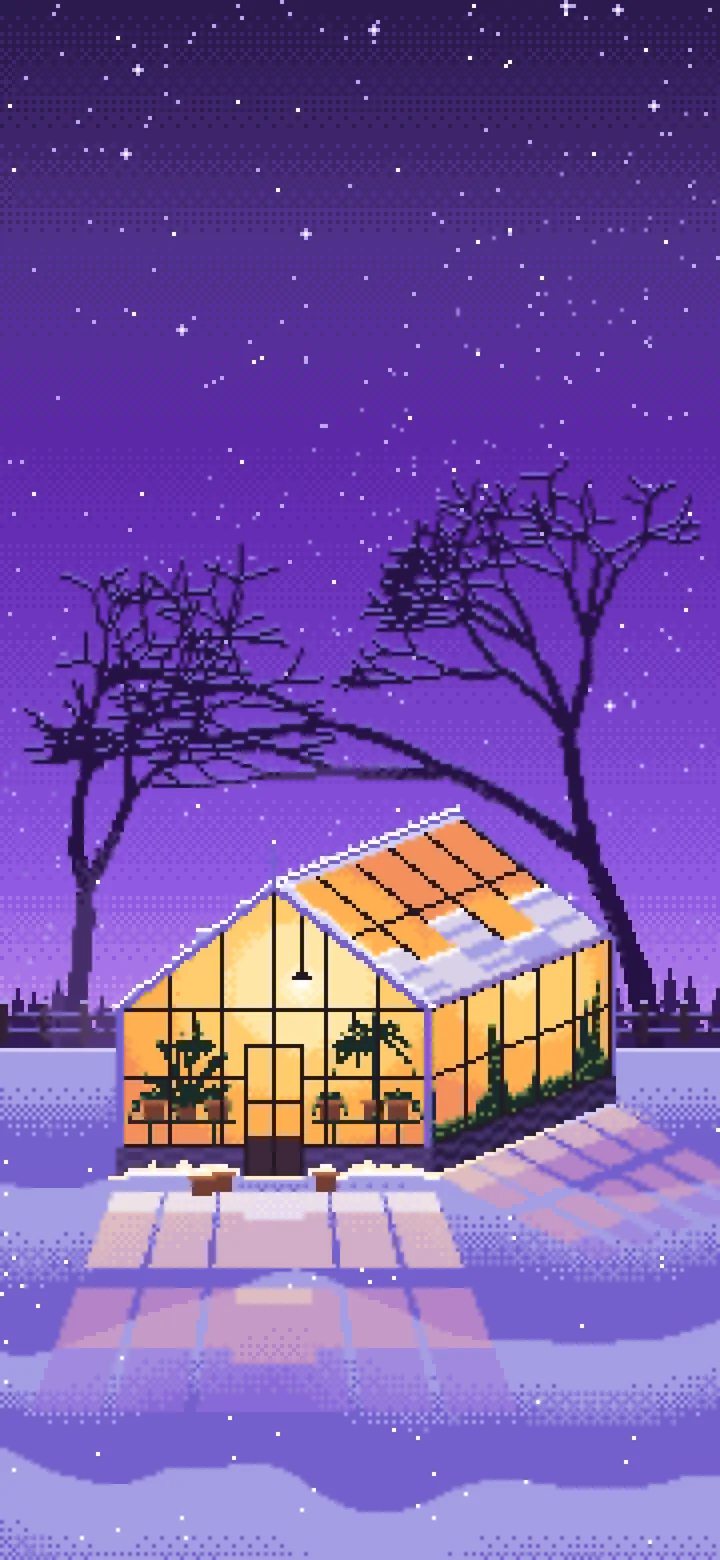Purple Pixel Art Snowy Greenhouse at Night wallpaper for iPhone and Android