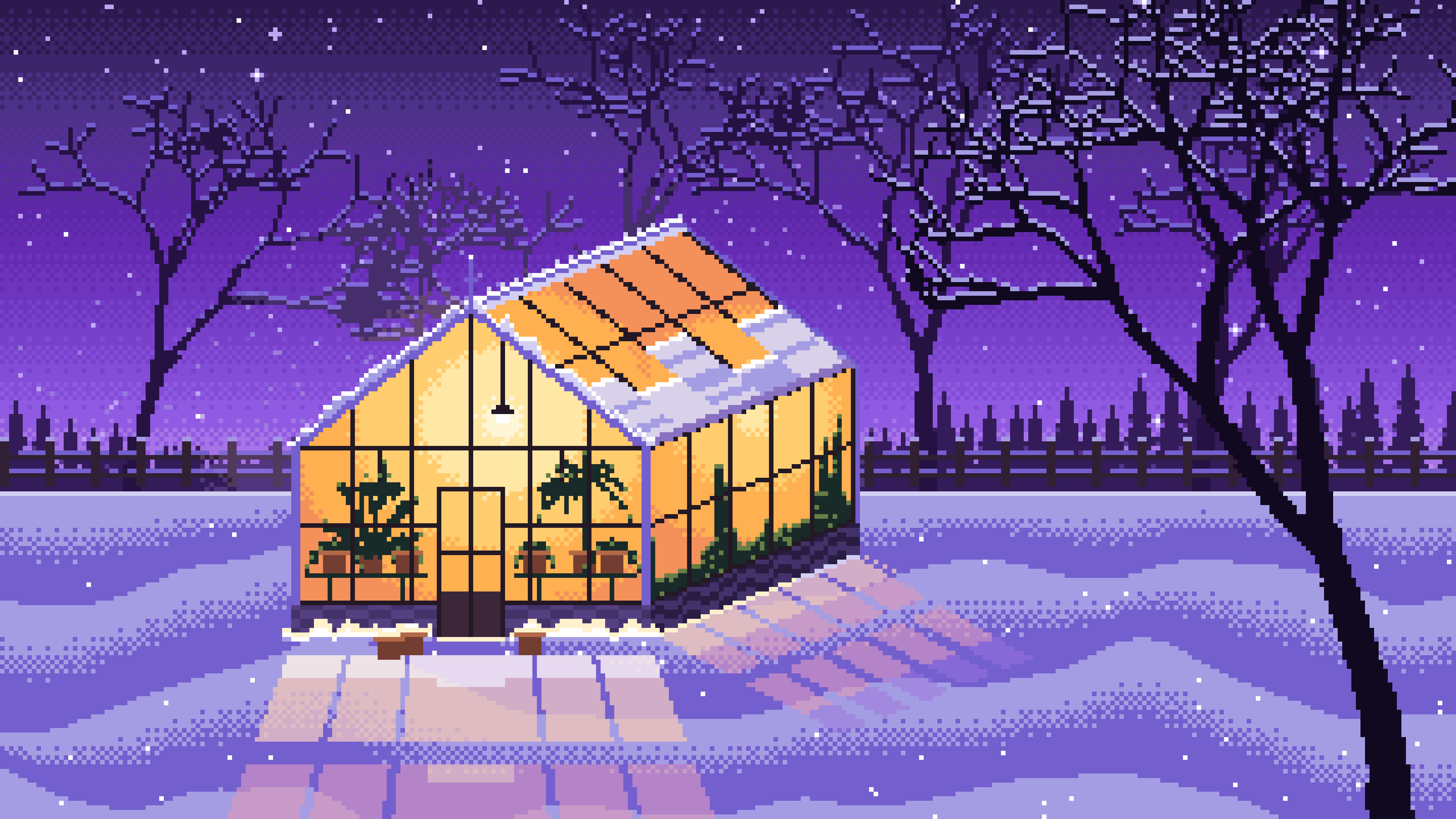 Purple Pixel Art Snowy Greenhouse at Night desktop wallpaper in 4K