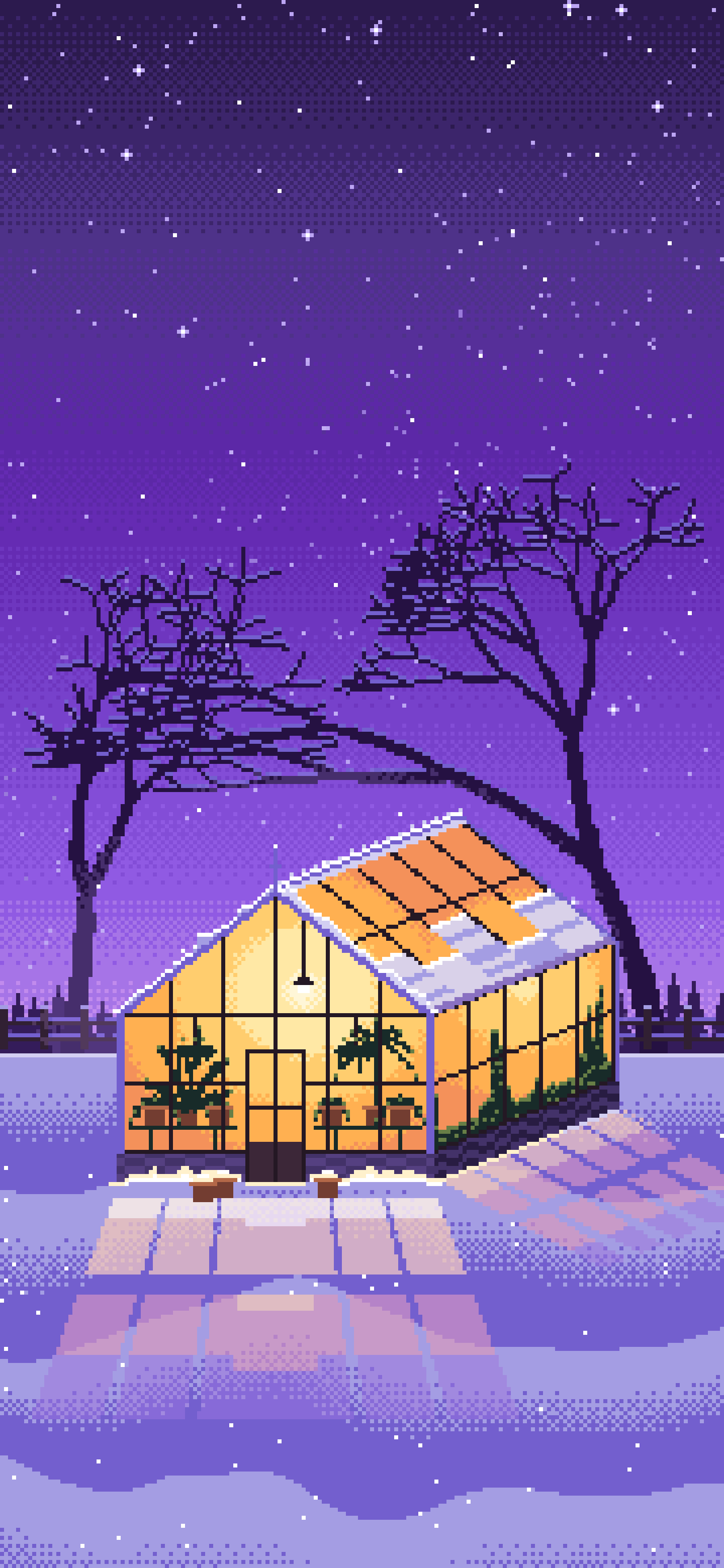Purple Pixel Art Snowy Greenhouse at Night wallpaper for iPhone and Android