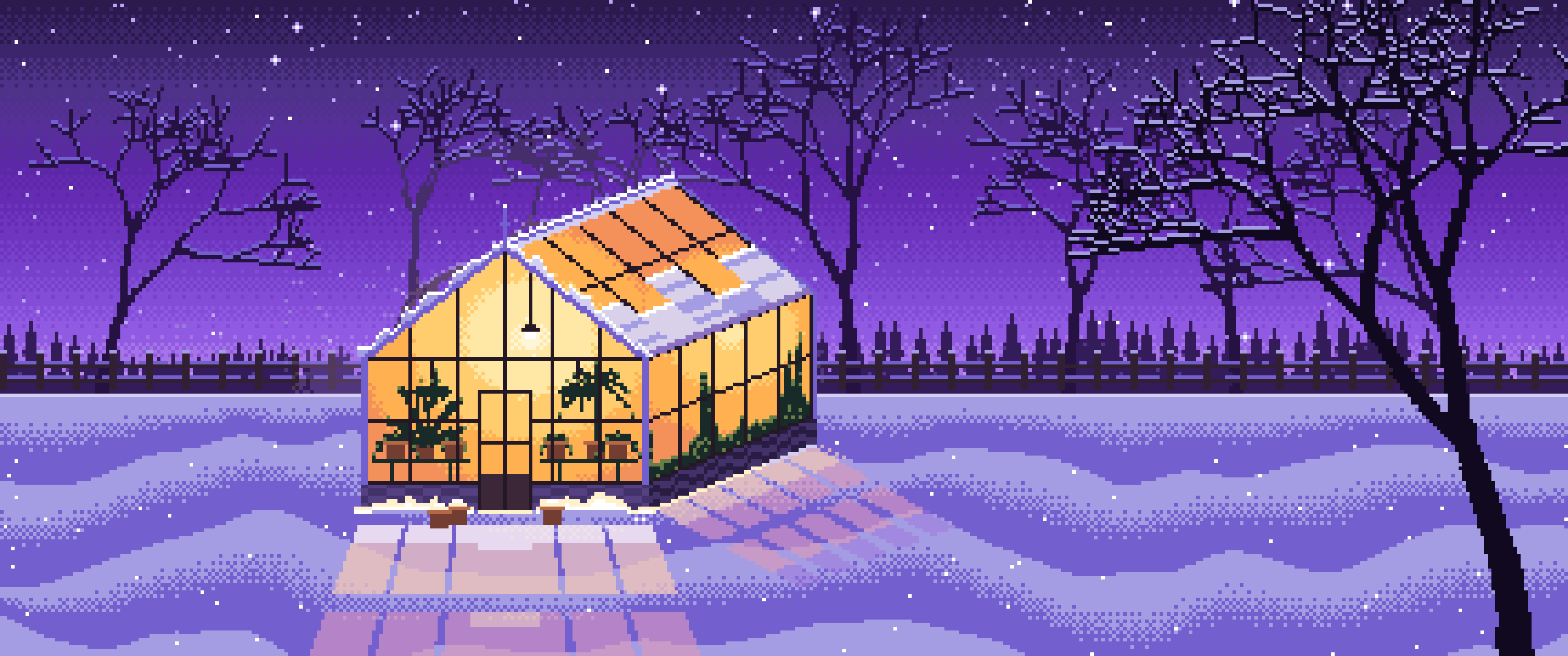 Purple Pixel Art Snowy Greenhouse at Night ultrawide wallpaper, 3440 × 1440