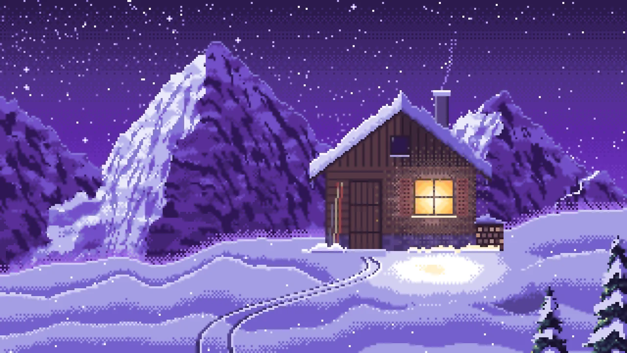 Purple Pixel Art Snowy Mountain Hut Under the Stars desktop wallpaper in 4K