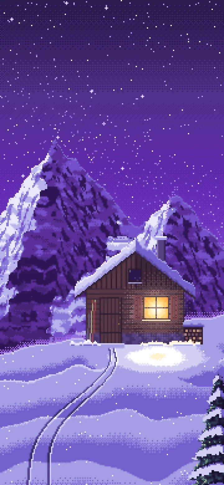 Purple Pixel Art Snowy Mountain Hut Under the Stars wallpaper for iPhone and Android