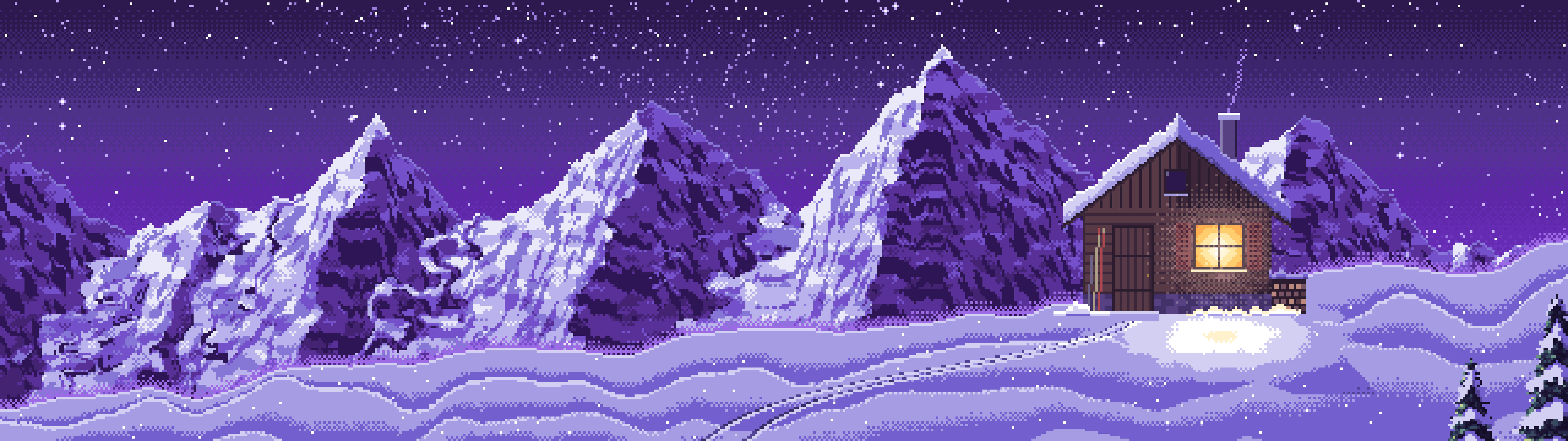 Purple Pixel Art Snowy Mountain Hut Under the Stars dual monitor wallpaper, 7680 × 2160