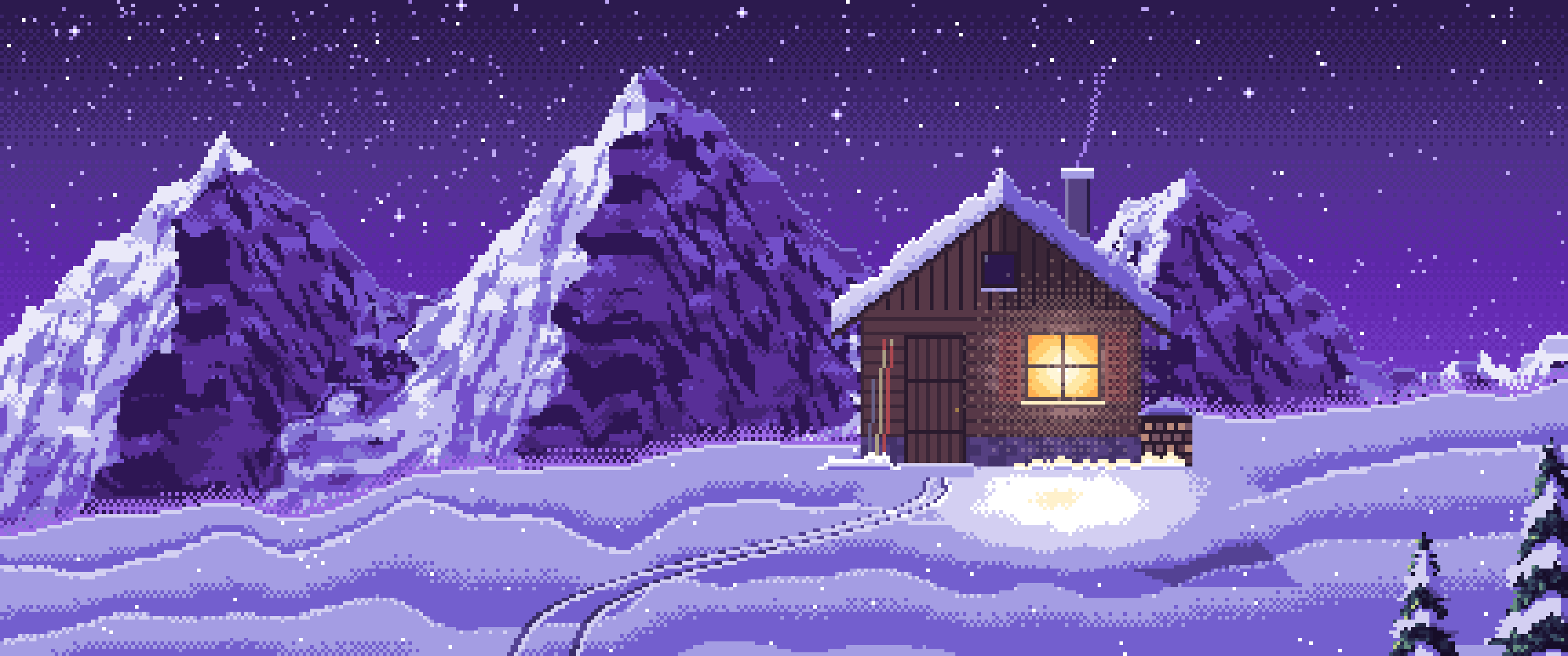 Purple Pixel Art Snowy Mountain Hut Under the Stars ultrawide wallpaper, 3440 × 1440